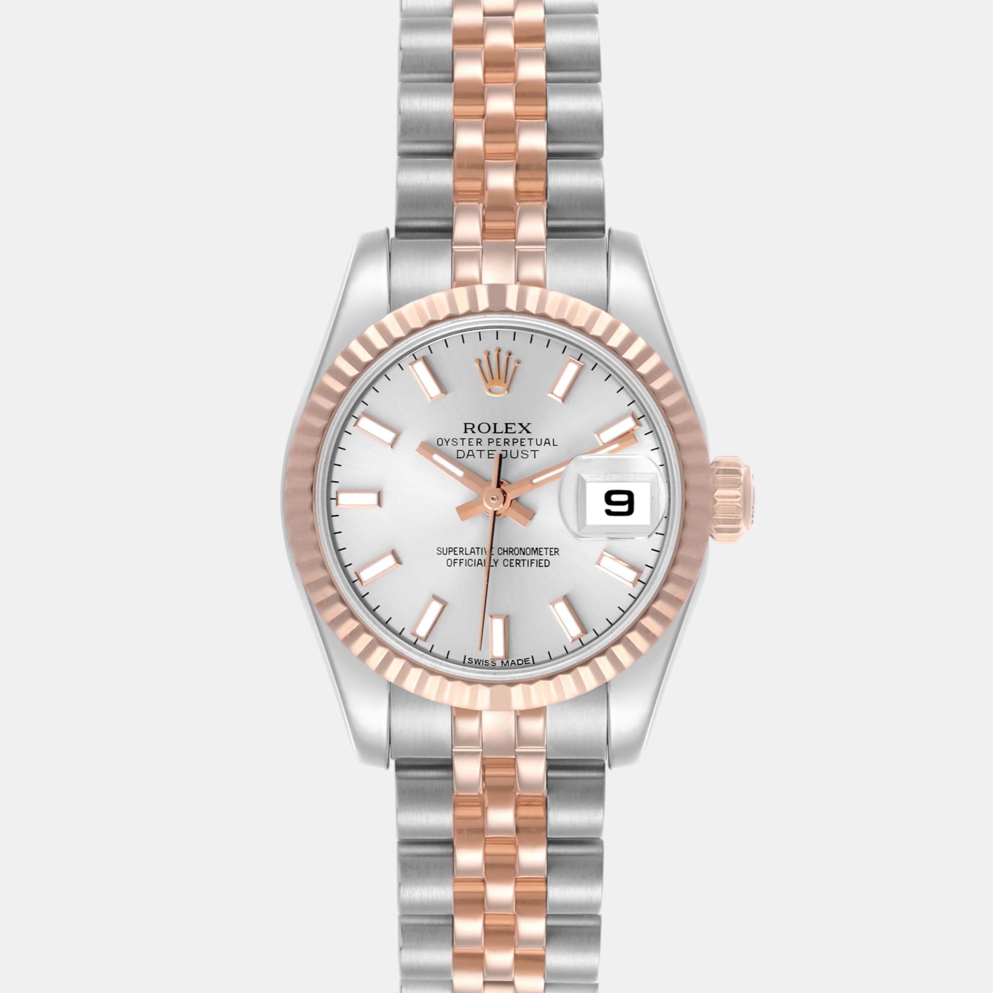 Pre-owned Rolex Datejust Steel Rose Gold Silver Dial Ladies Watch 26.0 Mm