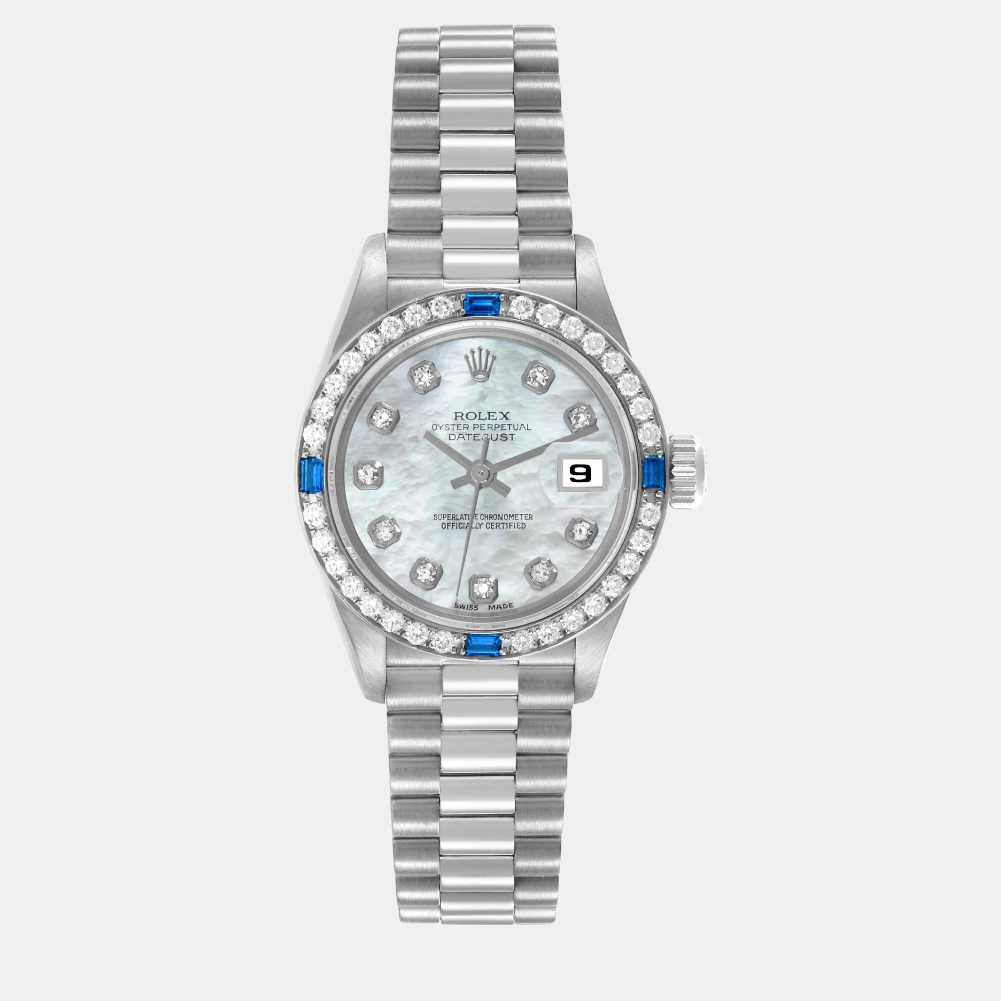 

Rolex President Datejust White Gold Diamond Sapphire Ladies Watch 69089