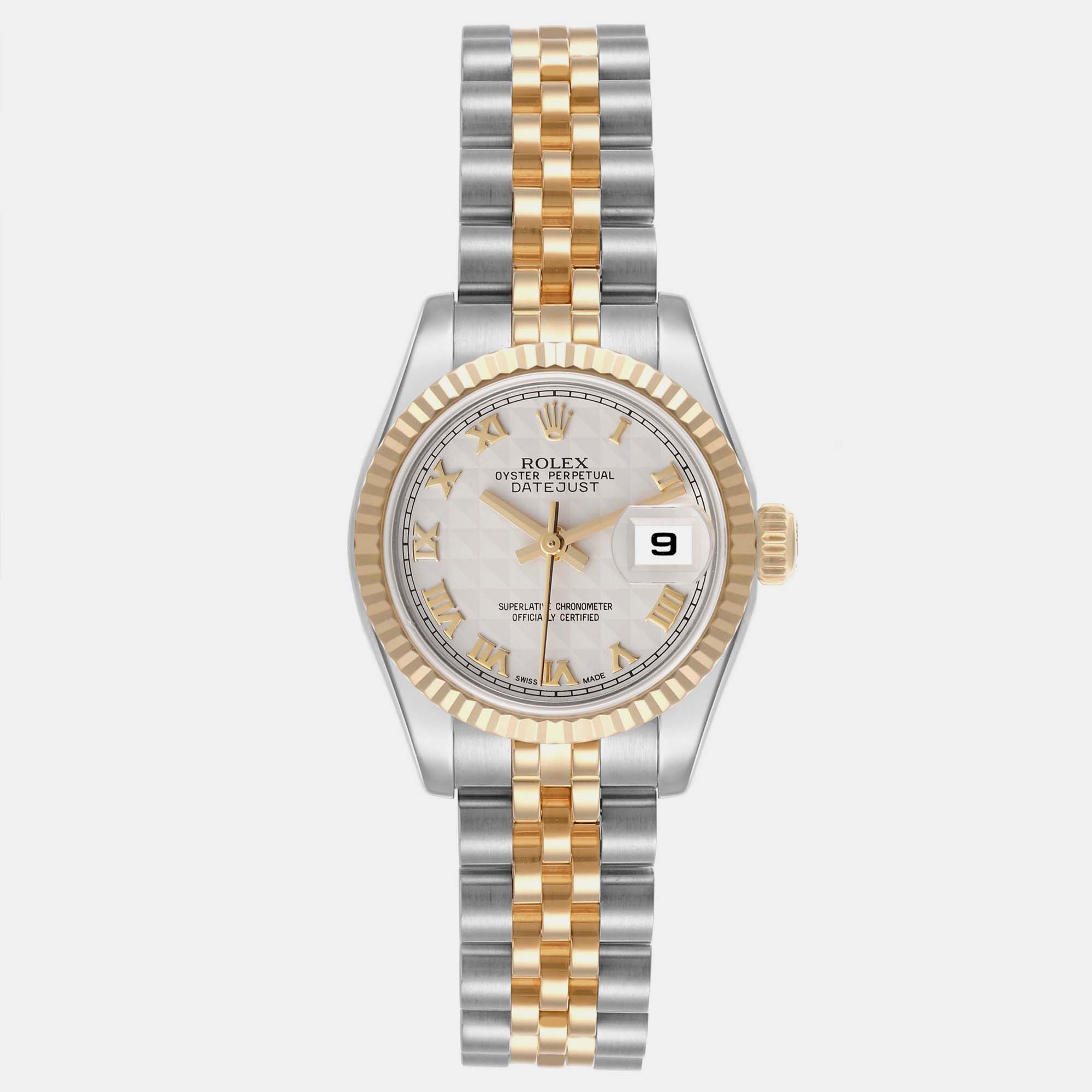 Pre-owned Rolex Datejust Steel Yellow Gold Ivory Pyramid Dial Ladies Watch 26 Mm In White