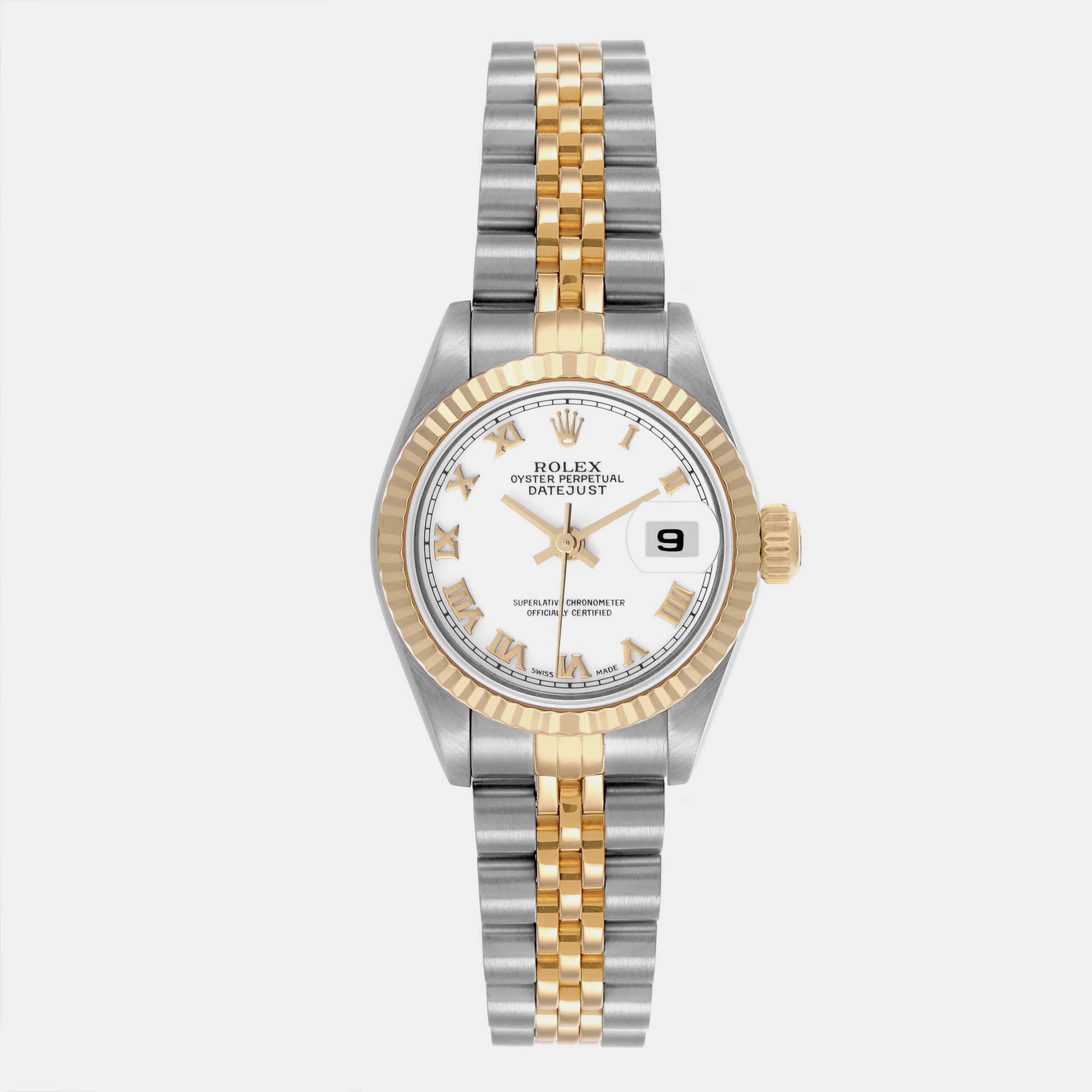 Pre-owned Rolex Datejust White Roman Dial Steel Yellow Gold Ladies Watch 69173 26 Mm