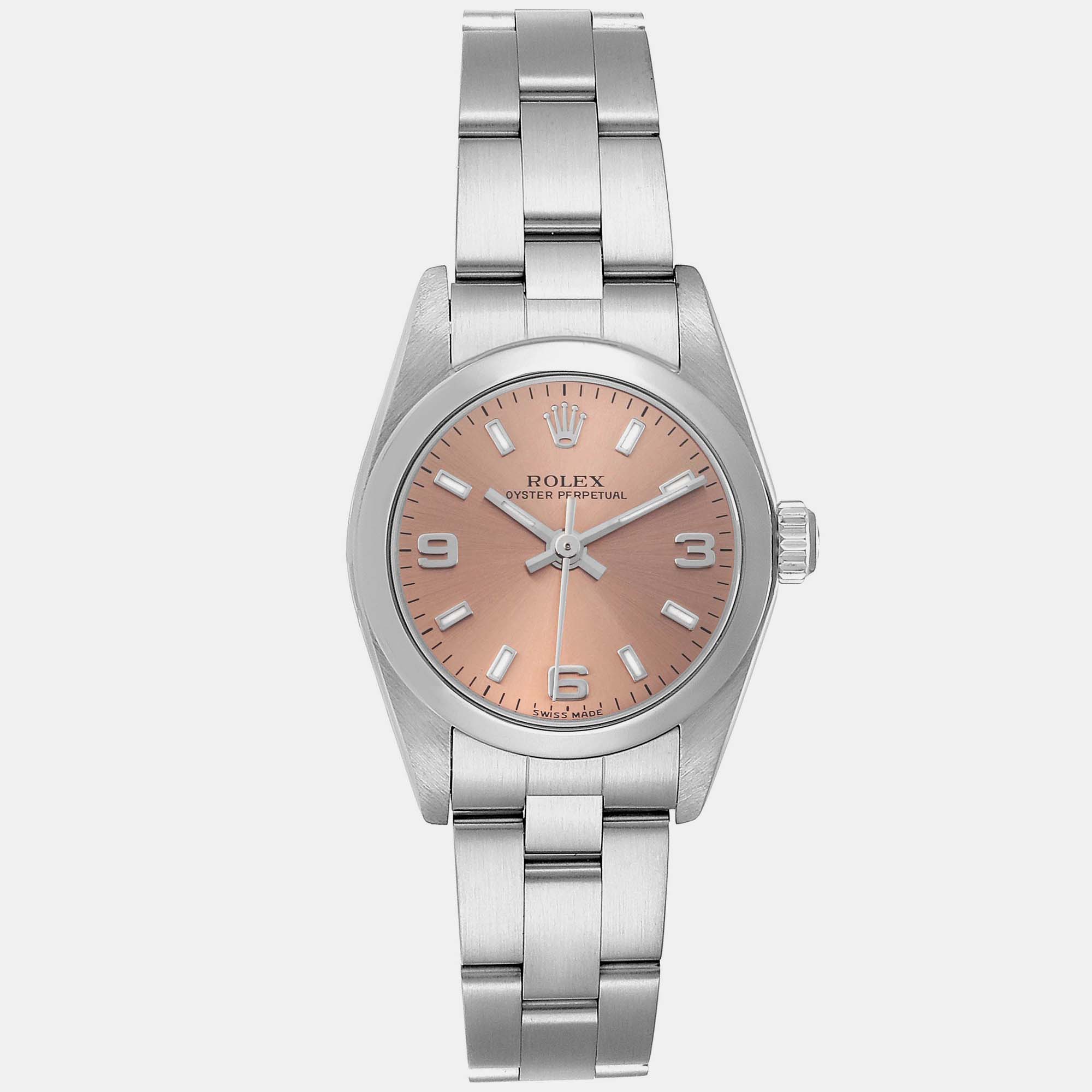 Pre-owned Rolex Oyster Perpetual Arabic Salmon Dial Steel Ladies Watch 76080 24 Mm In Pink