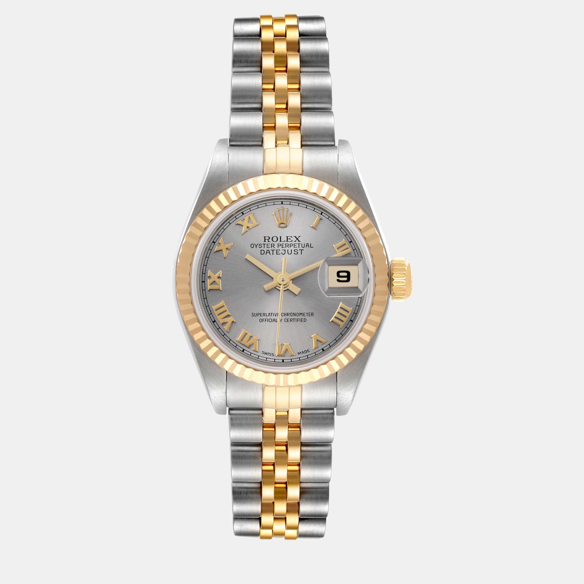 Pre-owned Rolex Datejust Steel Yellow Gold Silver Dial Ladies Watch 26.0 Mm In Grey