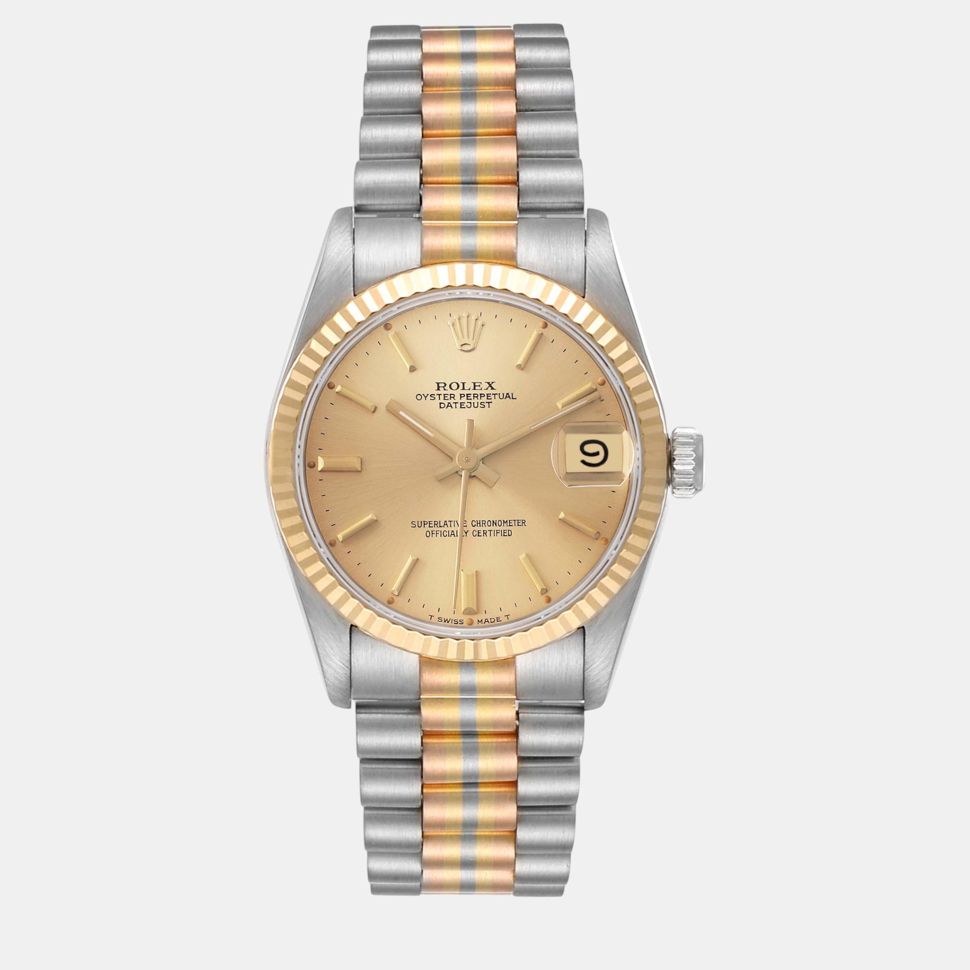 Pre-owned Rolex President Midsize Tridor White Yellow Rose Gold Ladies Watch 31.0 Mm