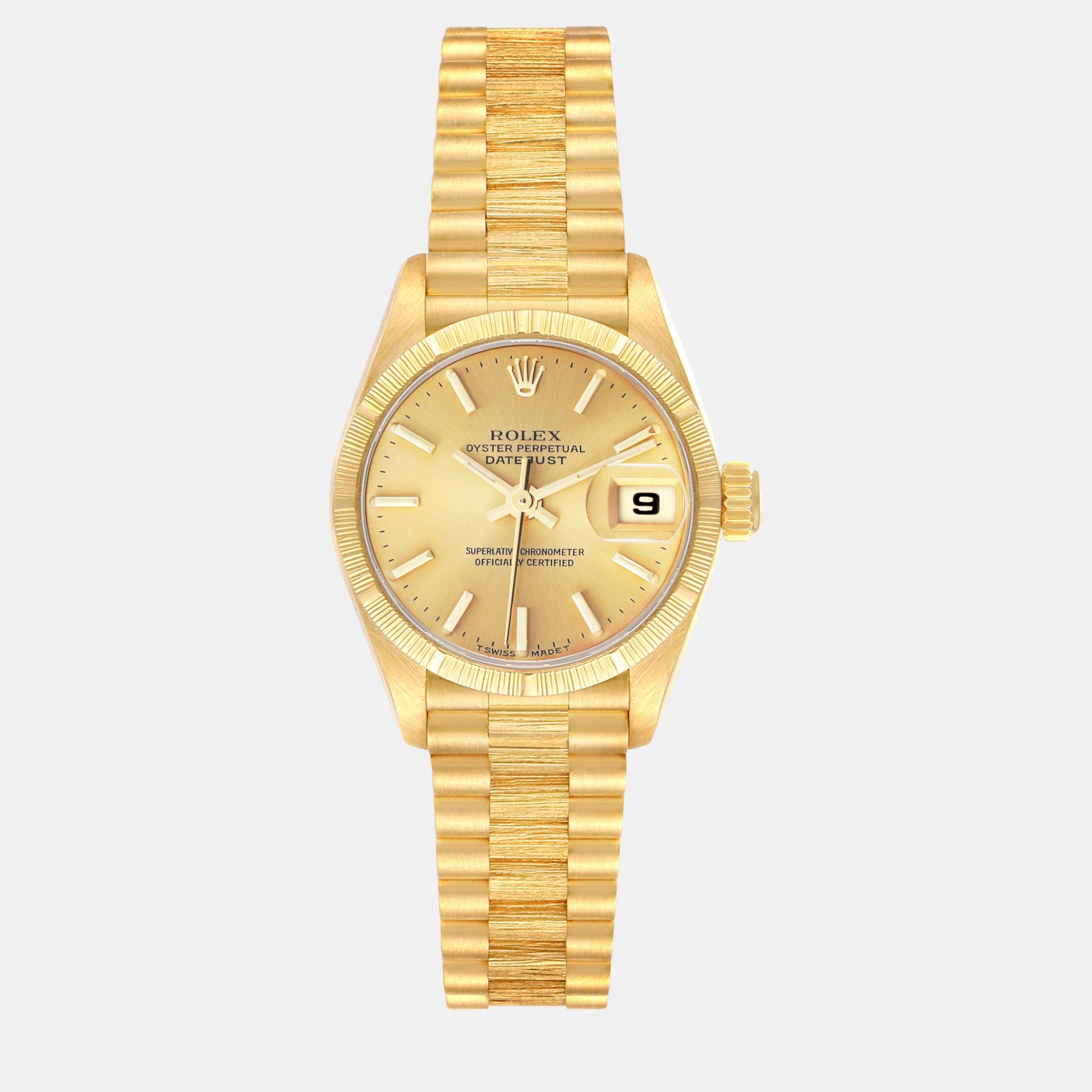 Pre-owned Rolex President Datejust Yellow Gold Bark Finish Ladies Watch 26.0 Mm