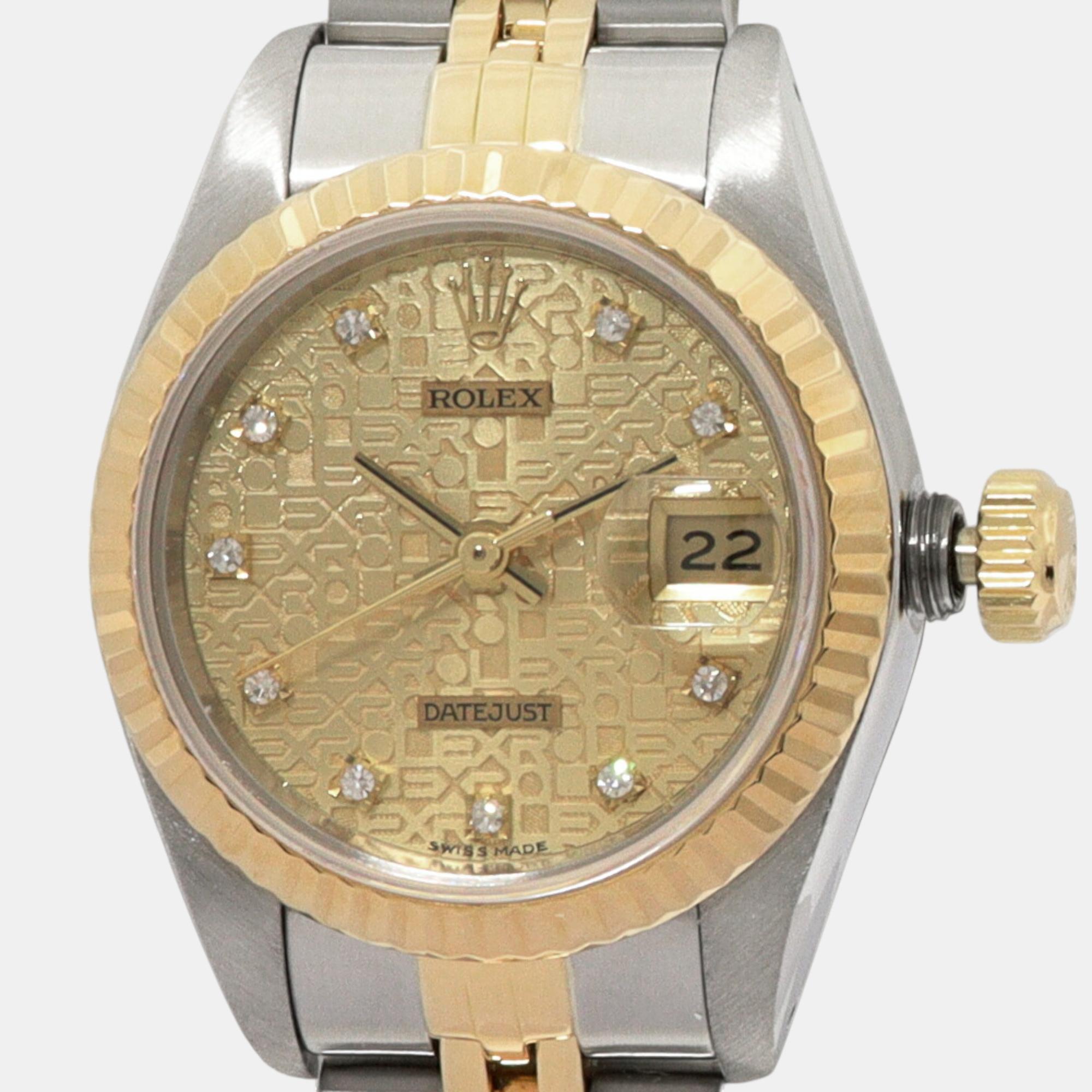 

Rolex Champagne Diamond 18k Yellow Gold Stainless Steel Datejust 69173 Automatic Women's Wristwatch 26 mm