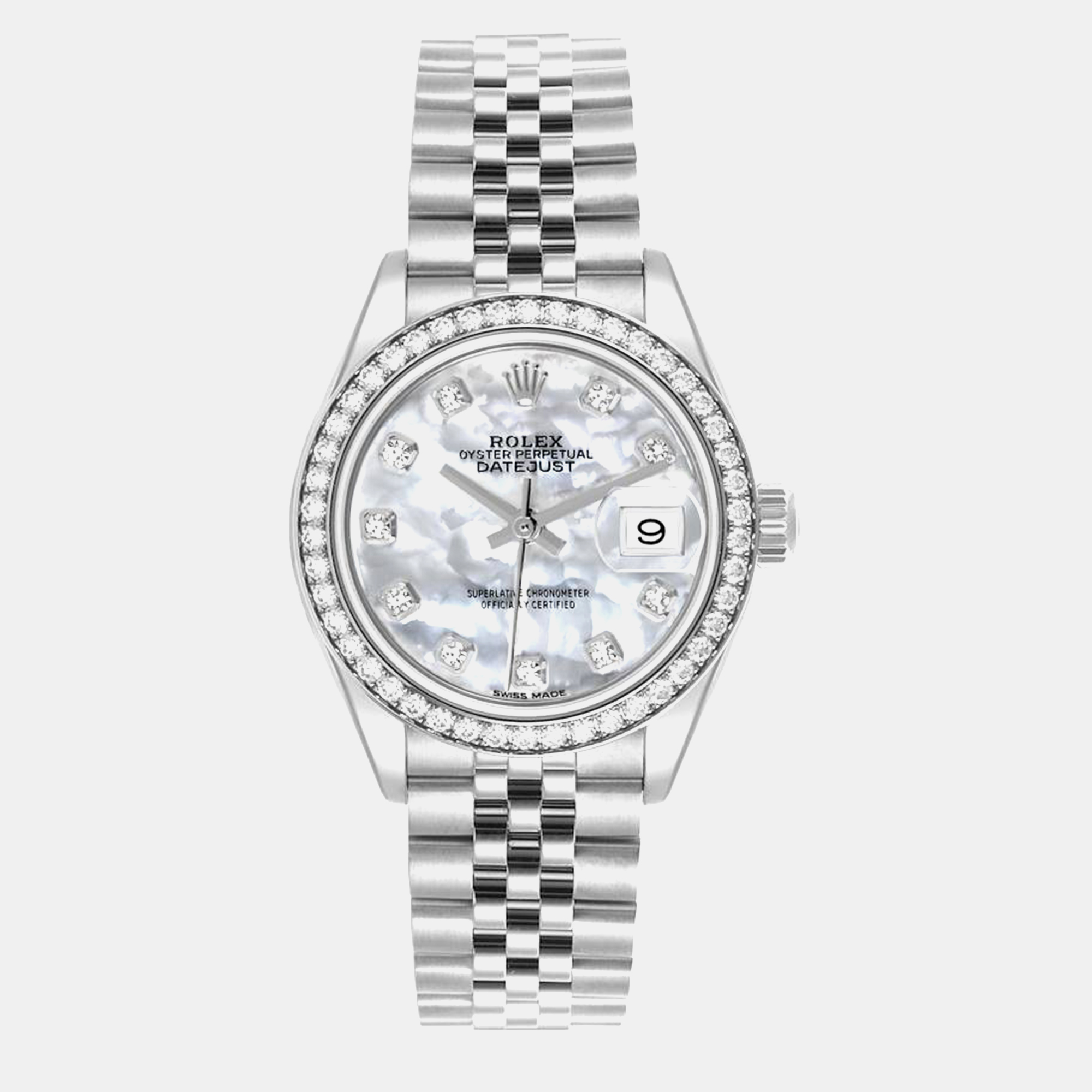 Pre-owned Rolex Datejust Steel White Gold Mother Of Pearl Dial Diamond Ladies Watch 28.0 Mm