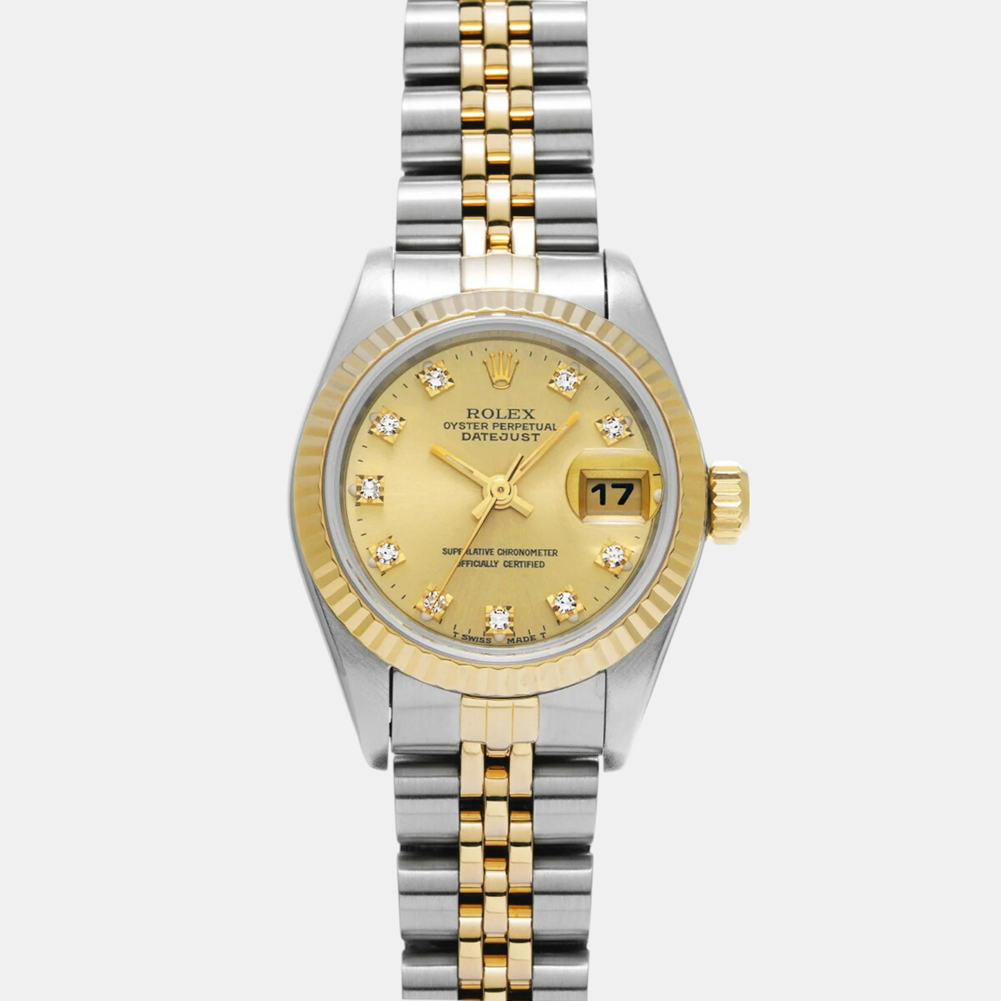 

Rolex Champagne Diamond 18k Yellow Gold Stainless Steel Datejust 69173 Automatic Women's Wristwatch 26 mm