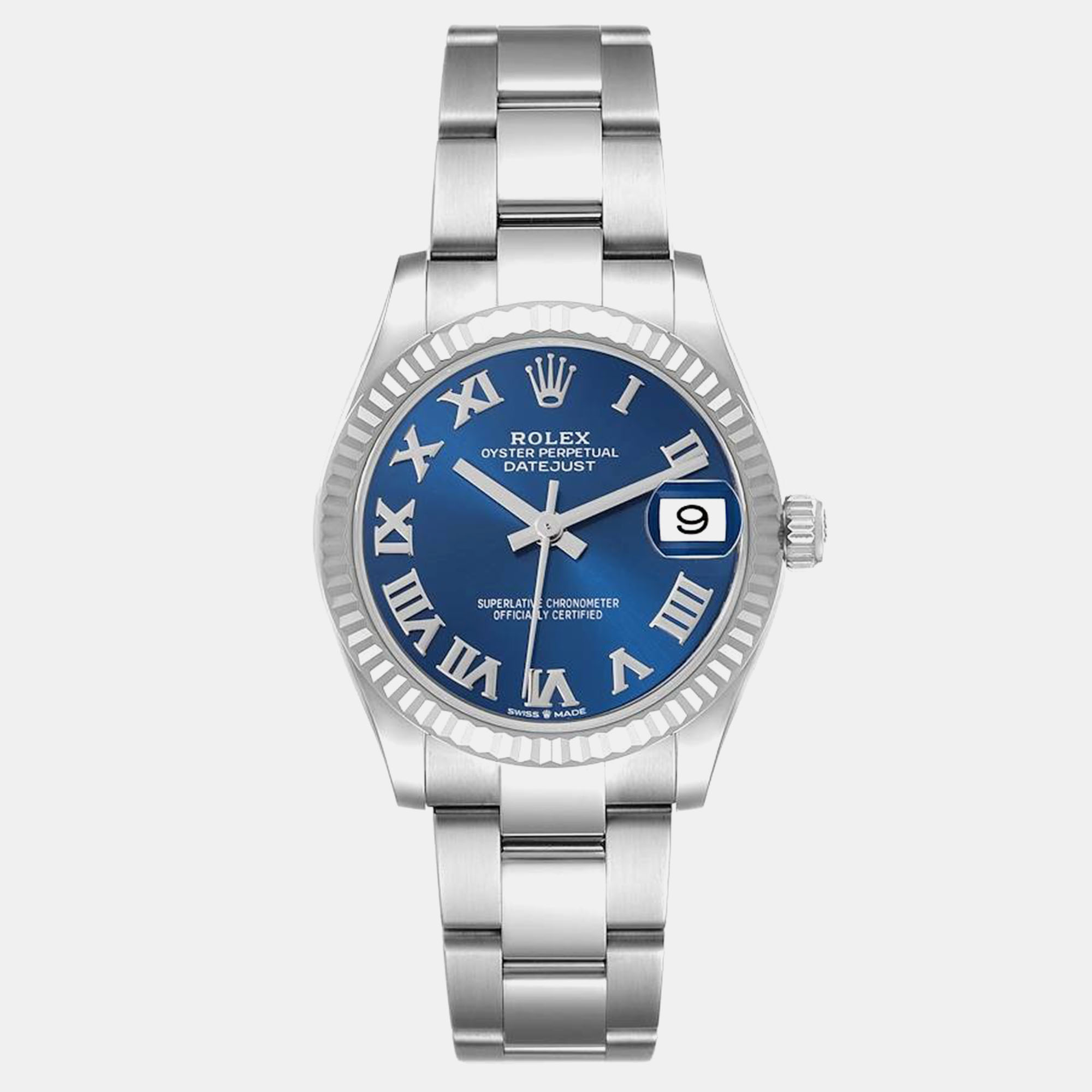 Pre-owned Rolex Datejust Midsize Steel White Gold Blue Dial Ladies Watch 31.0 Mm