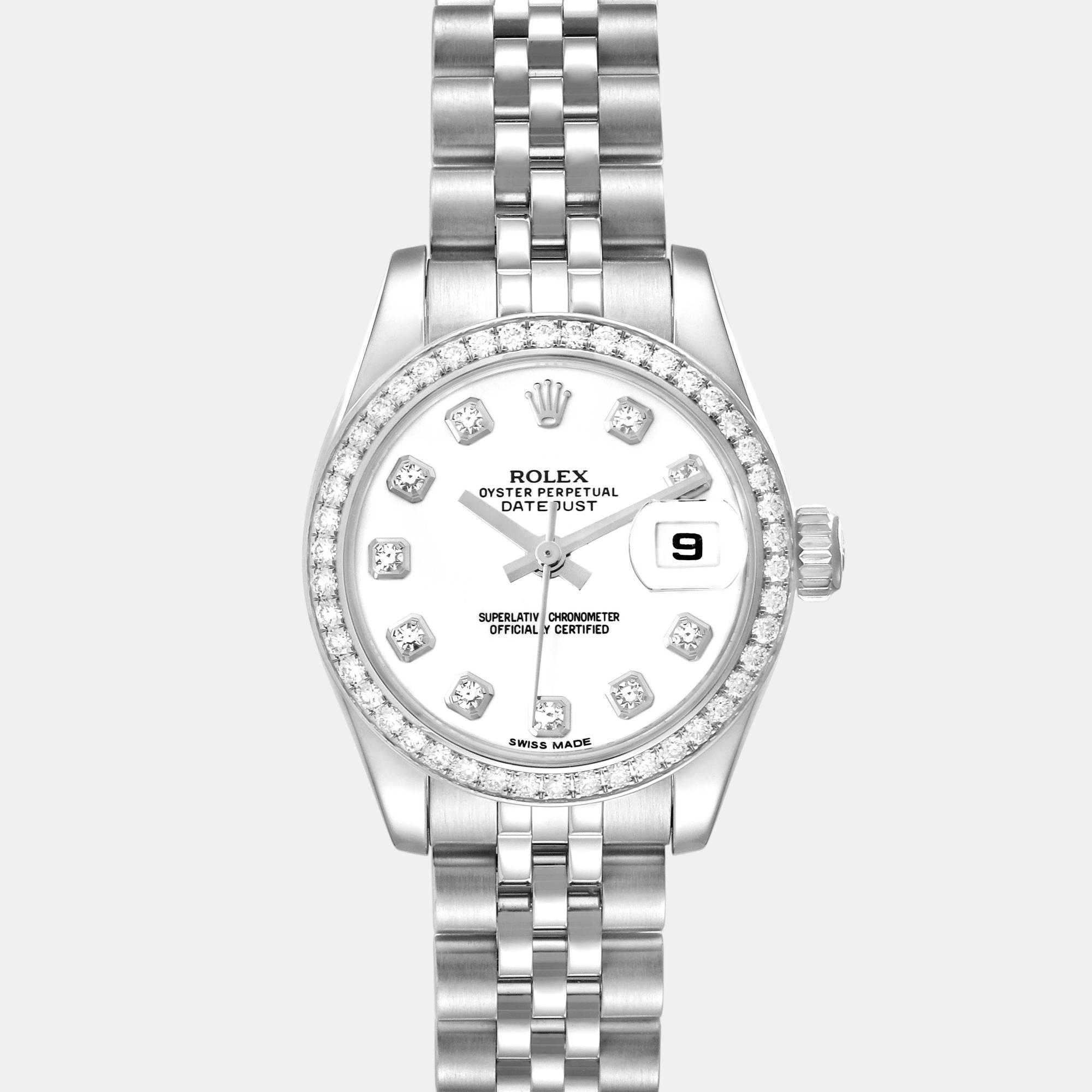 Pre-owned Rolex Datejust 26 Steel White Gold Diamond Ladies Watch 179384