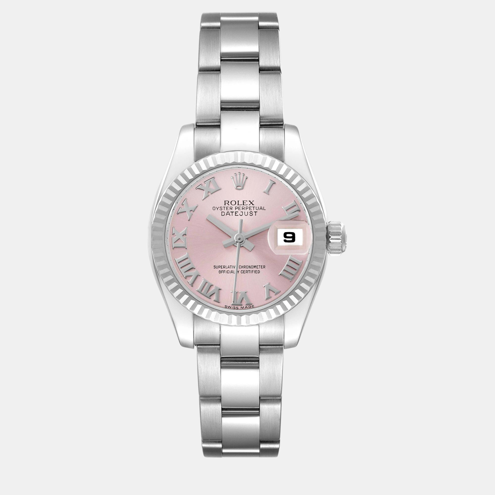 Pre-owned Rolex Datejust Steel White Gold Pink Roman Dial Ladies Watch 26.0 Mm