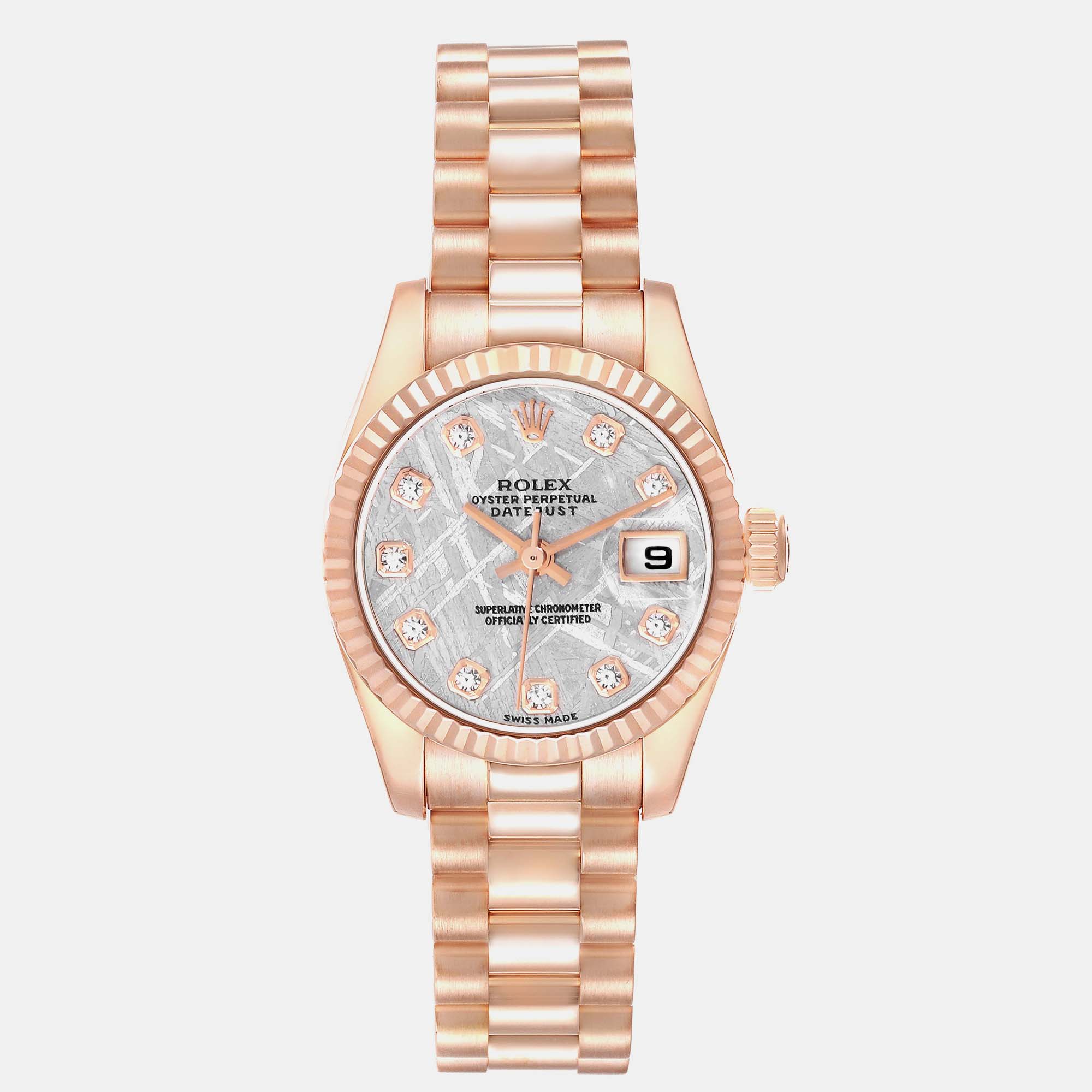 

Rolex President Rose Gold Meteorite Diamond Dial Ladies Watch 179175, Silver