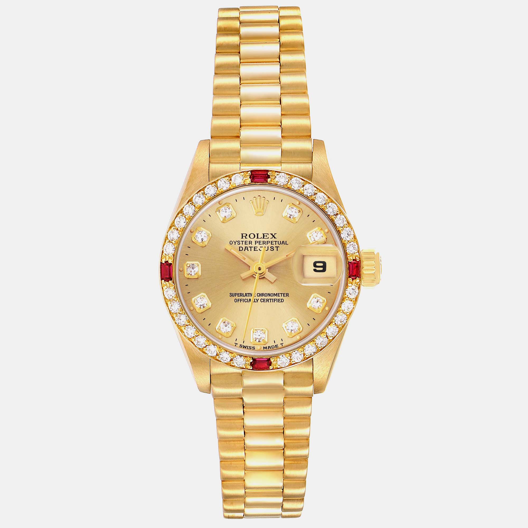 

Rolex President Datejust Yellow Gold Diamond Ruby Ladies Watch 69068