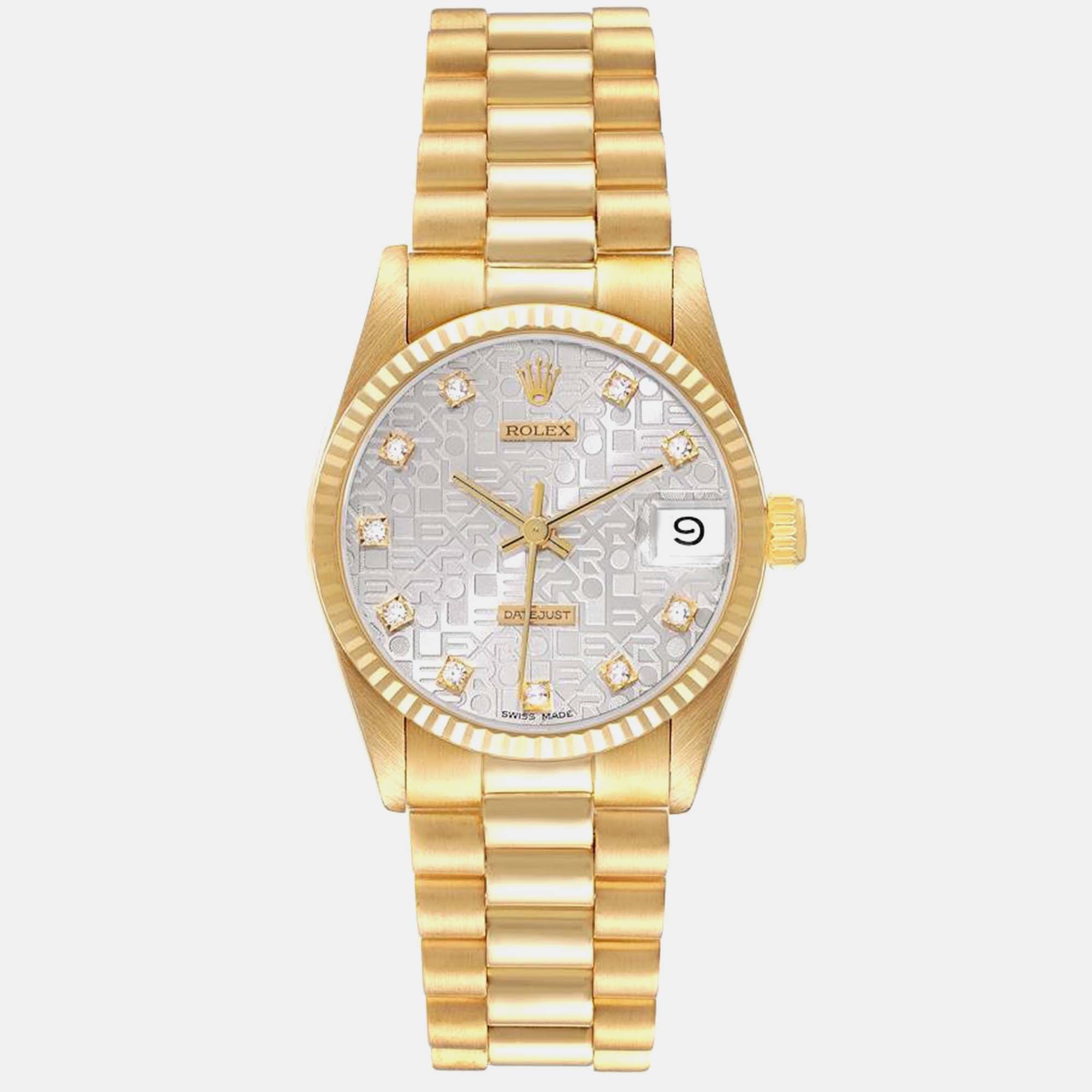 

Rolex President Datejust 31 Midsize Yellow Gold Diamond Ladies Watch 68278 31 mm, Silver