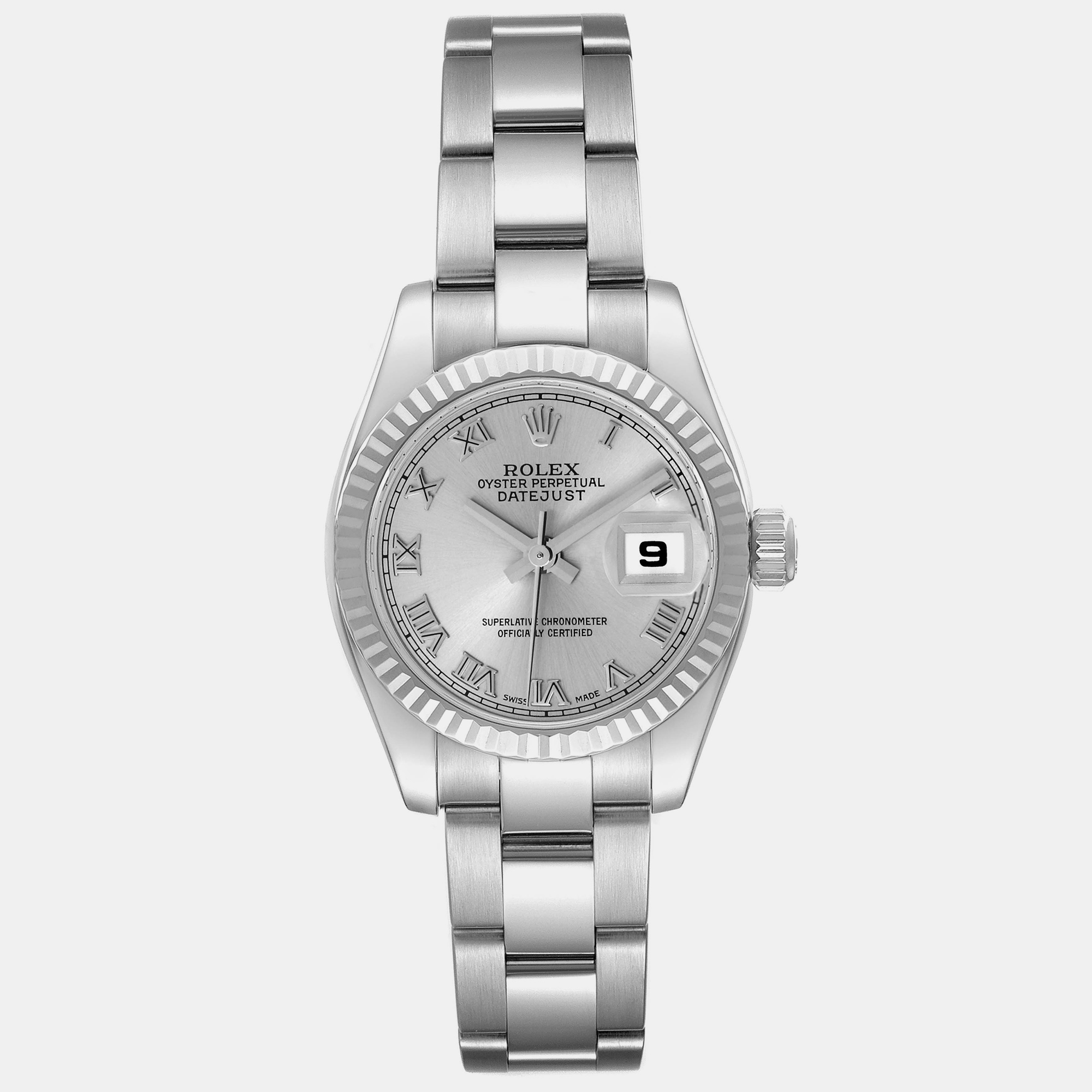 

Rolex Silver 18k White Gold Stainless Steel Datejust 179174 Automatic Women's Wristwatch 26 mm