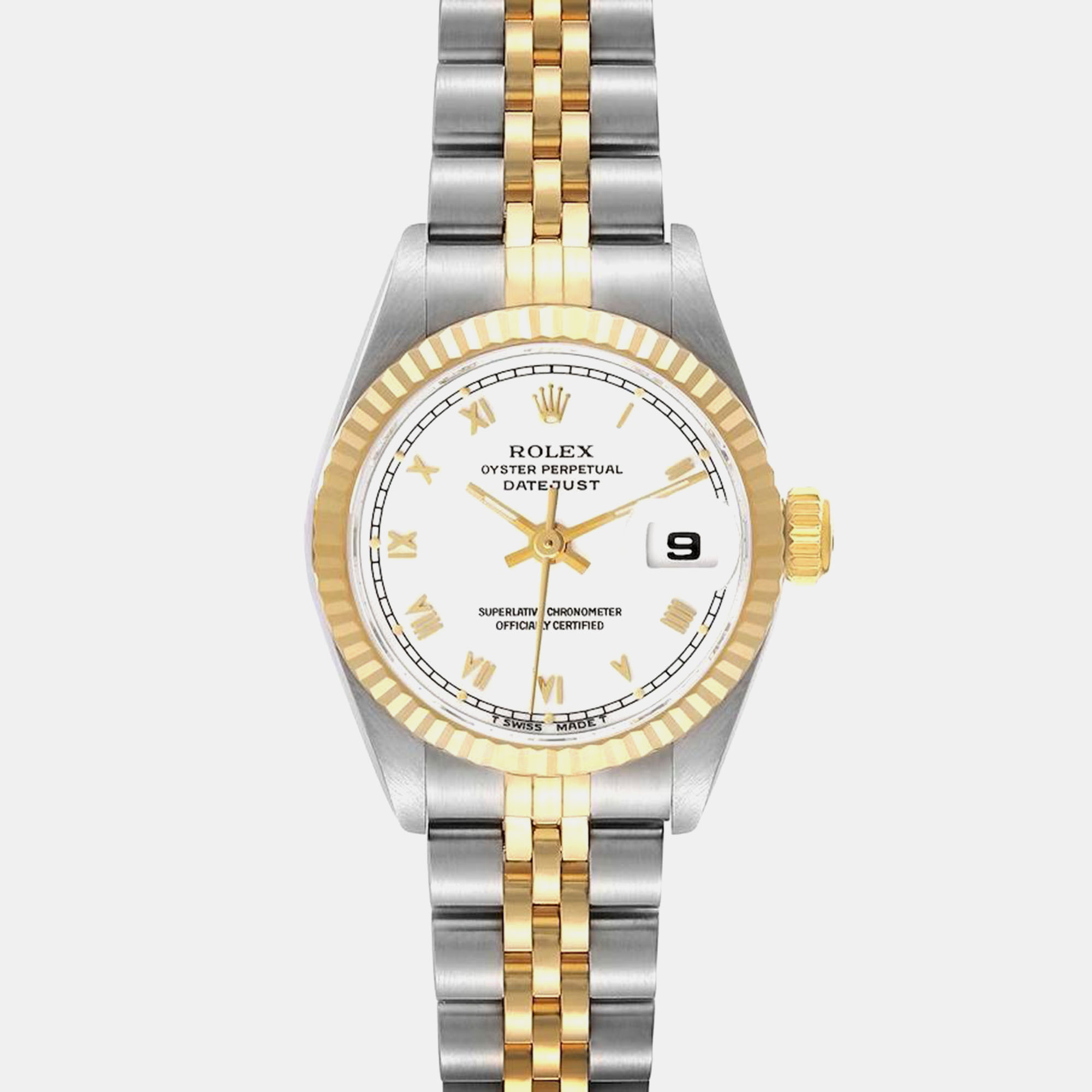 

Rolex Datejust White Roman Dial Steel Yellow Gold Ladies Watch 69173