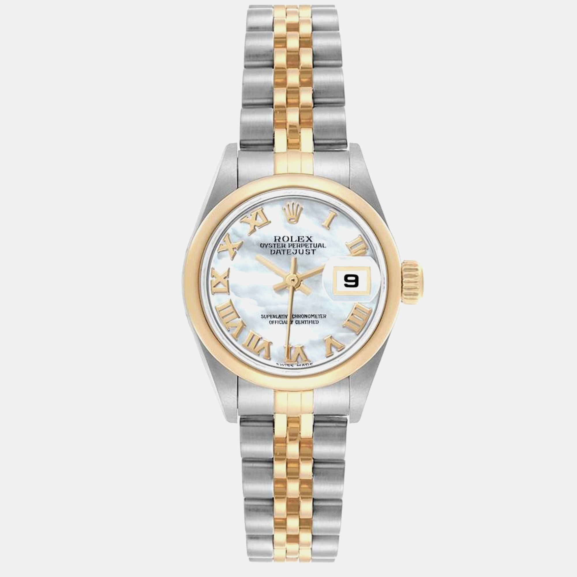 

Rolex Datejust Steel Yellow Gold Mother of Pearl Roman Dial Ladies Watch 26.0 mm, White