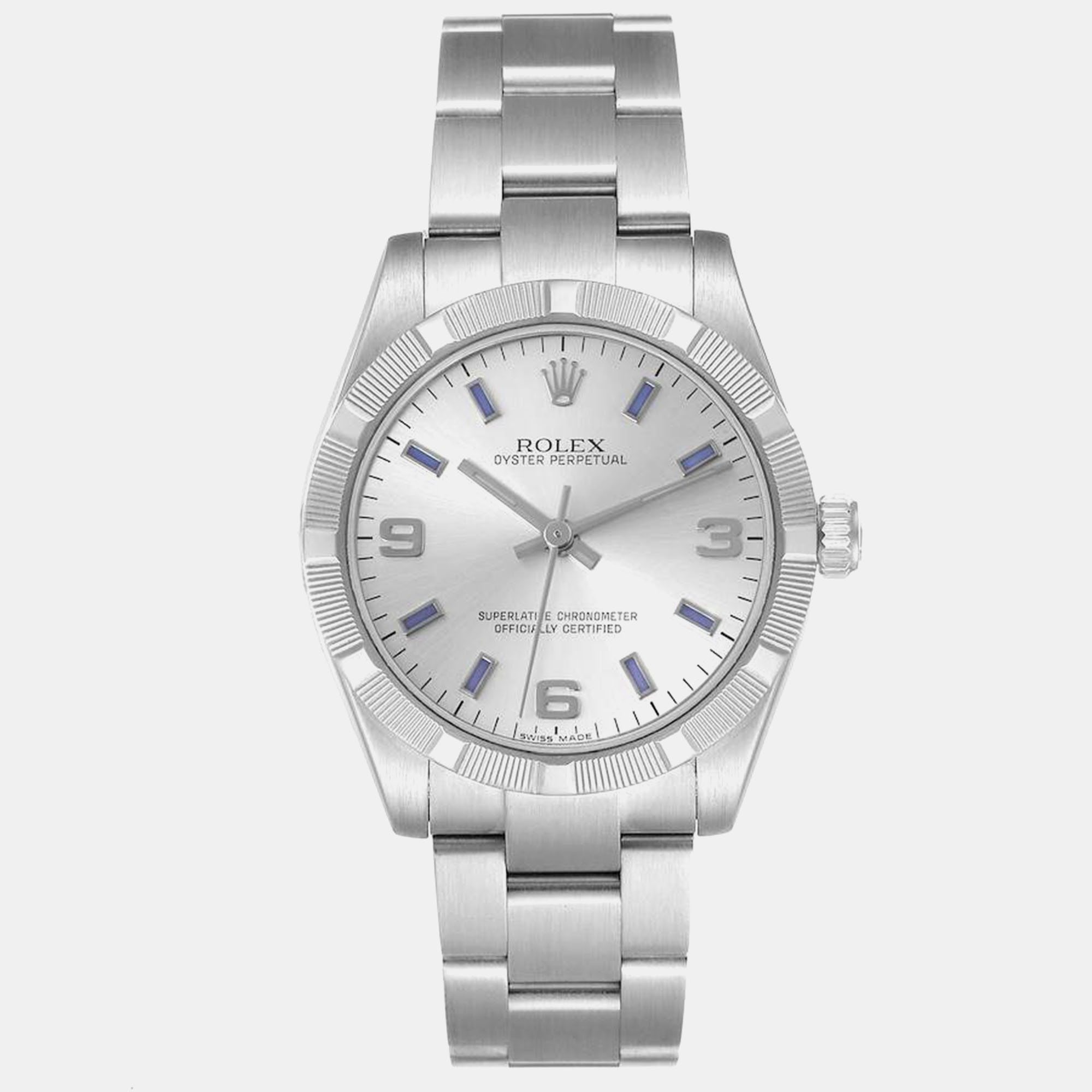 

Rolex Oyster Perpetual Midsize Blue Hour Markers Steel Ladies Watch 31.0 mm, Silver