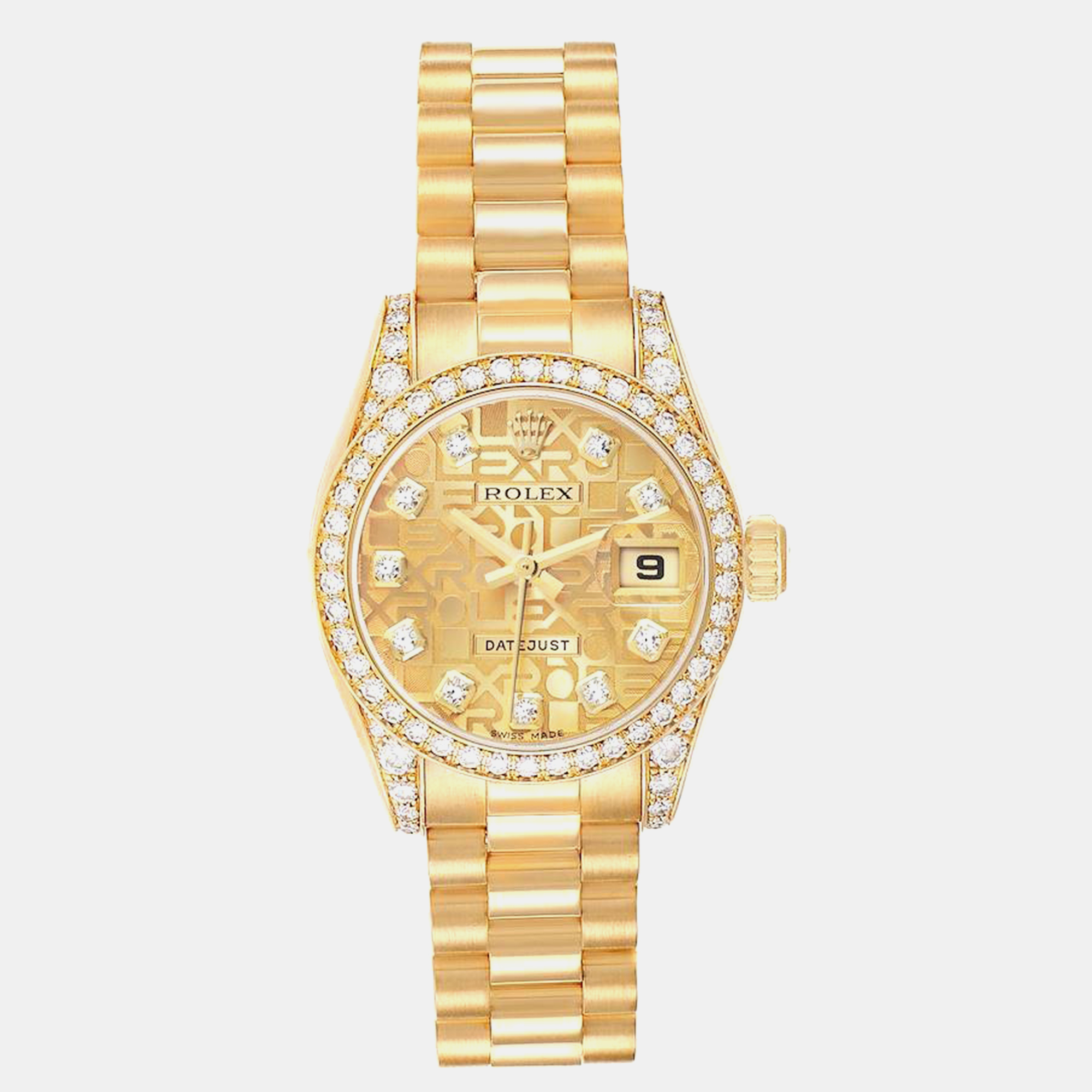 

Rolex President Datejust Yellow Gold Diamond Dial Bezel Lugs Ladies Watch 179158