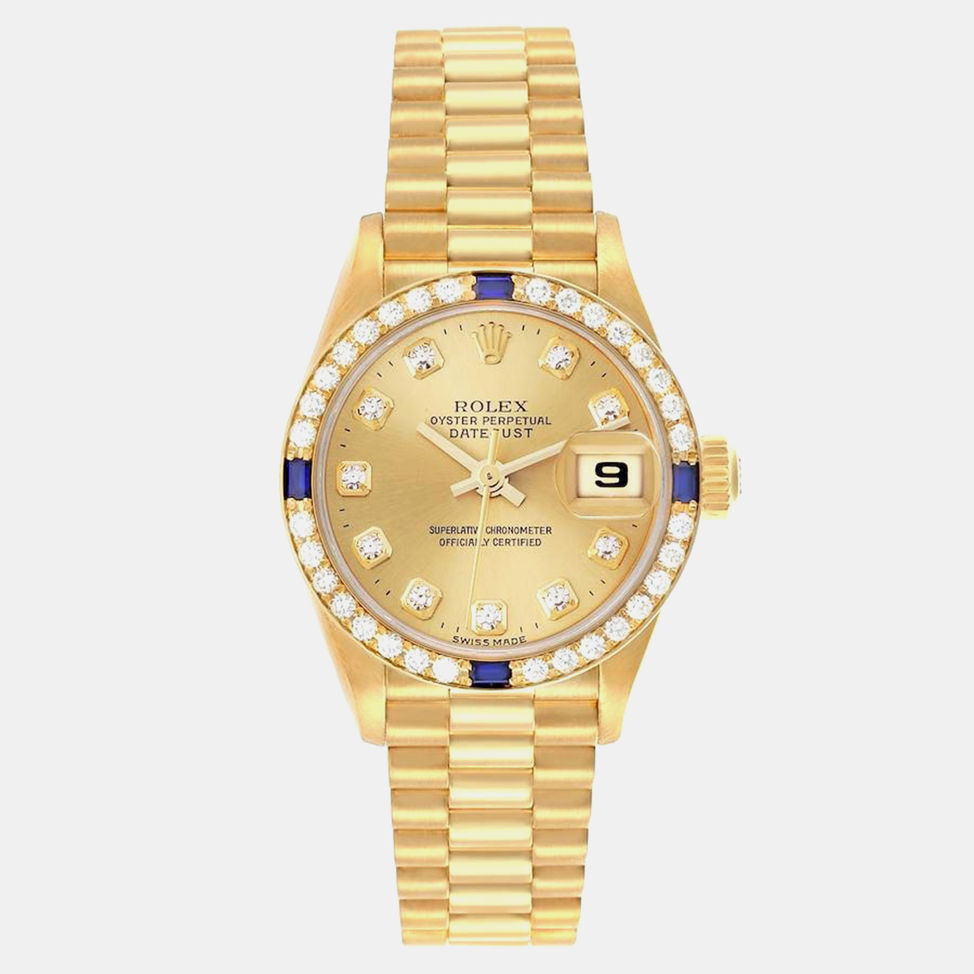 

Rolex President Datejust Yellow Gold Diamond Sapphire Ladies Watch 79088