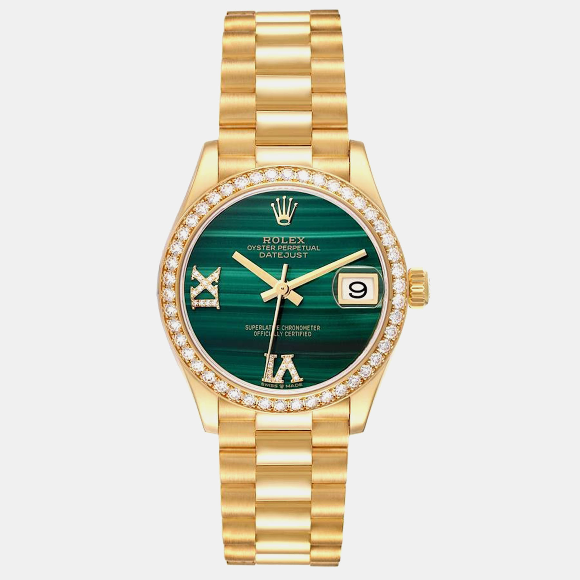 Pre-owned Rolex President Midsize Malachite Yellow Gold Diamond Ladies Watch 31.0 Mm In Green