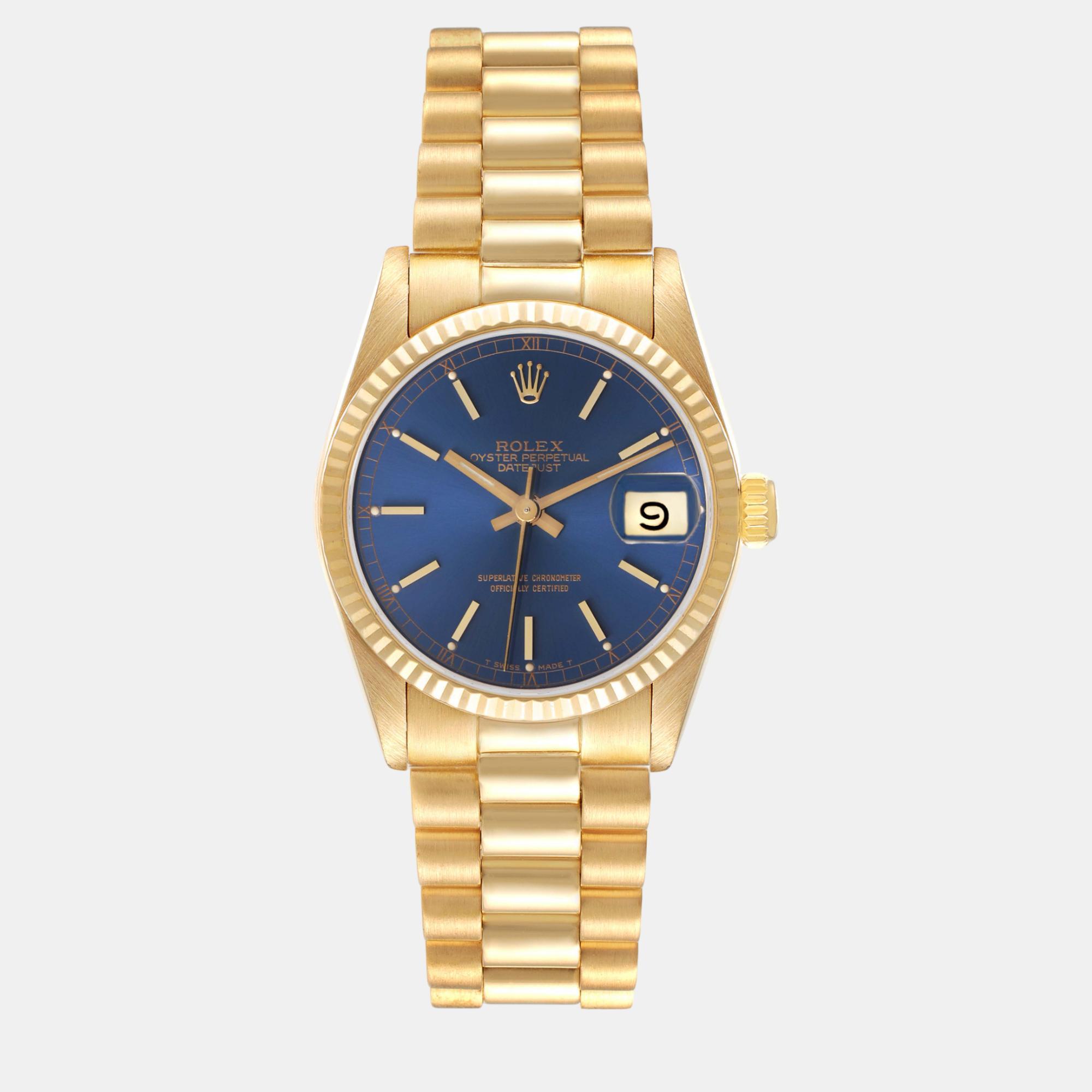 

Rolex President Datejust Midsize Blue Dial Yellow Gold Ladies Watch 31.0 mm