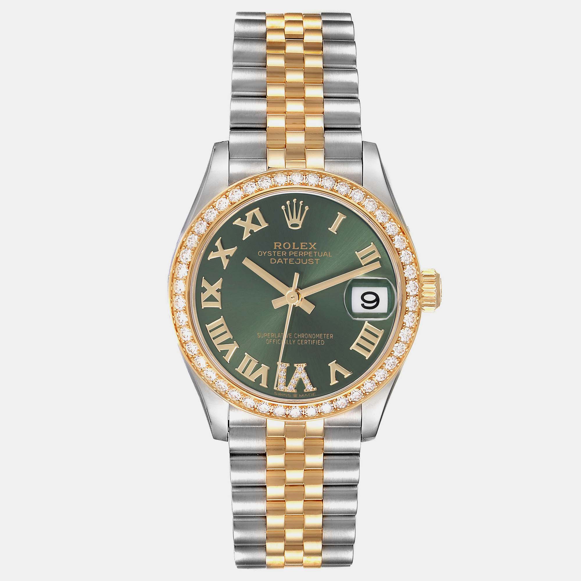 

Rolex Datejust Midsize Steel Yellow Gold Diamond Ladies Watch 31.0 mm, Green