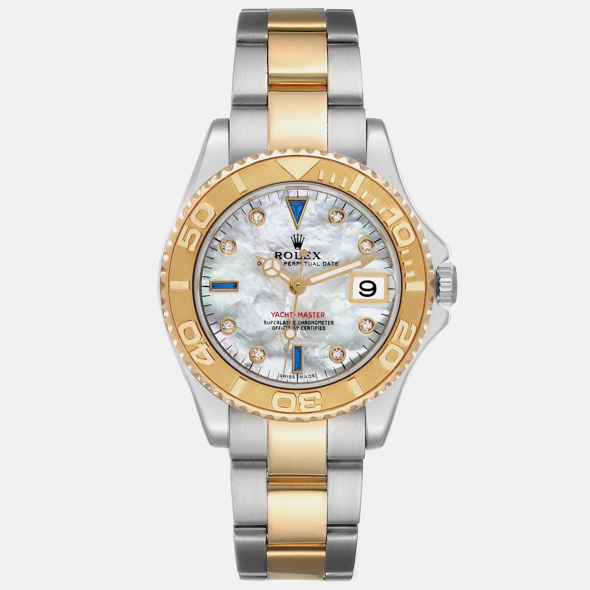 Pre-owned Rolex Yachtmaster Midsize Steel Yellow Gold Mop Diamond Dial Watch 35.0 Mm In White