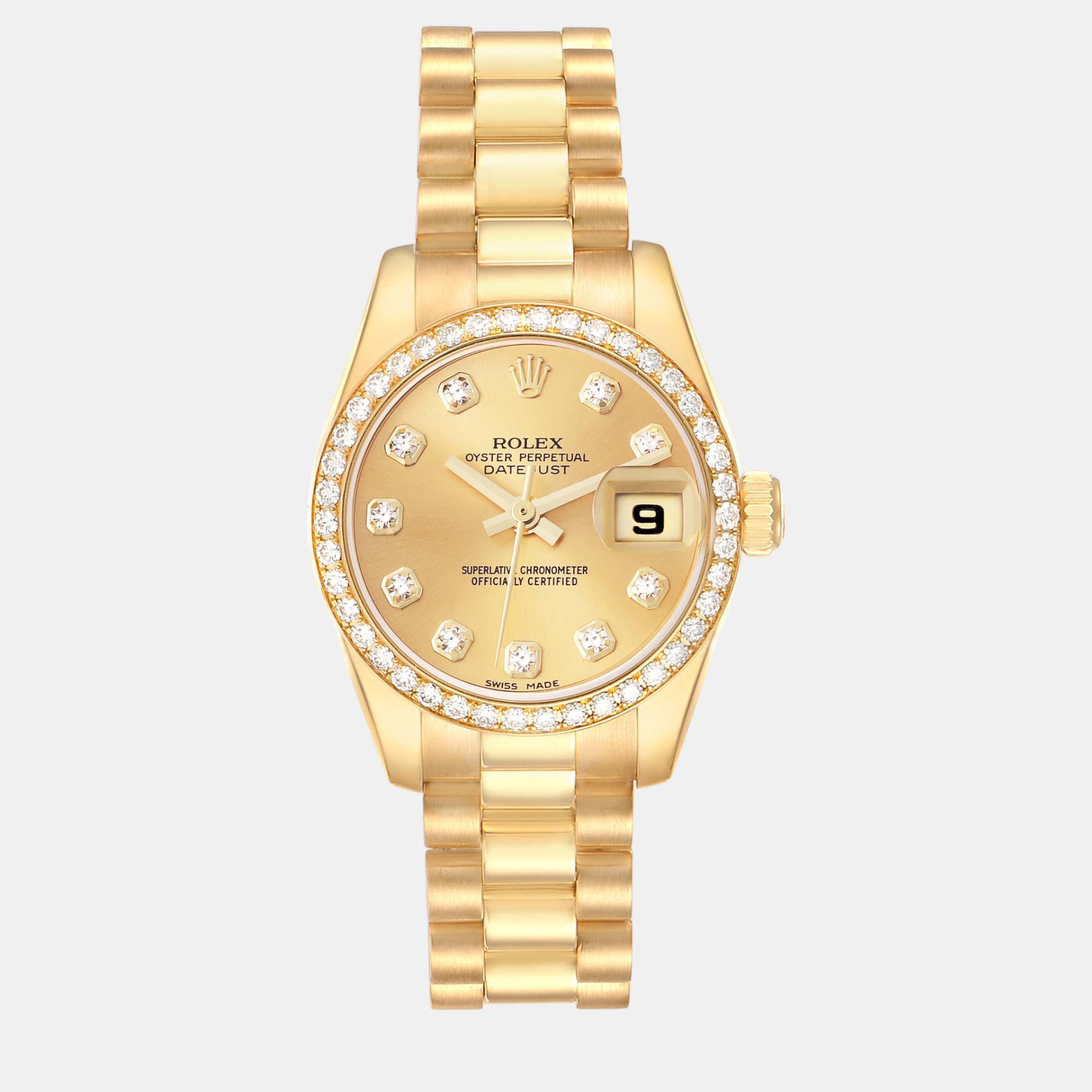 Pre-owned Rolex Datejust President Yellow Gold Diamond Ladies Watch 179138 26 Mm