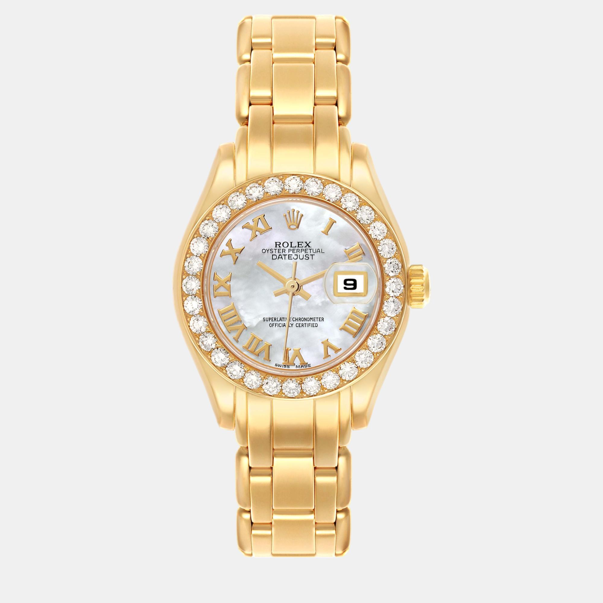 

Rolex Pearlmaster Yellow Gold Mother Of Pearl Diamond Ladies Watch 69298 29 mm, Silver