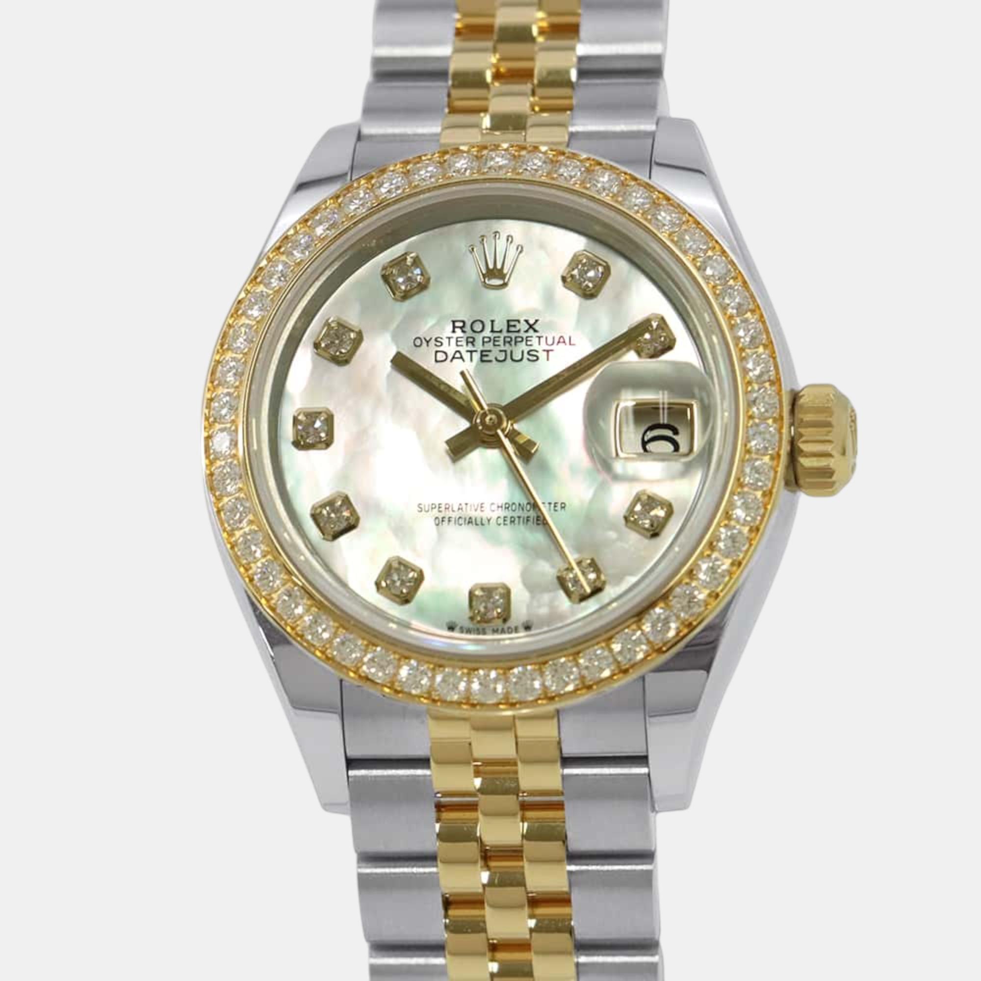 

Rolex White MOP Diamond 18K Yellow Gold Stainless Steel Datejust 279383RBR Automatic Women's Wristwatch 28 mm