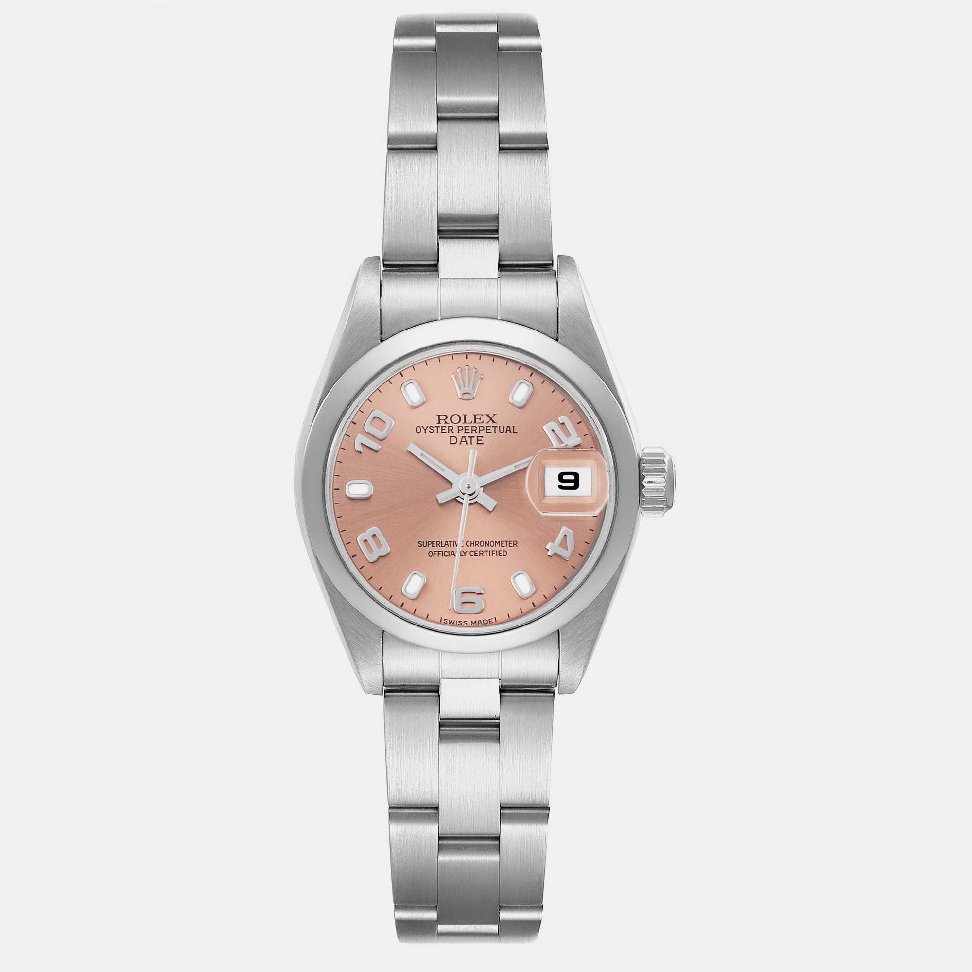 

Rolex Date Salmon Dial Domed Bezel Steel Ladies Watch 79160 26 mm, Pink