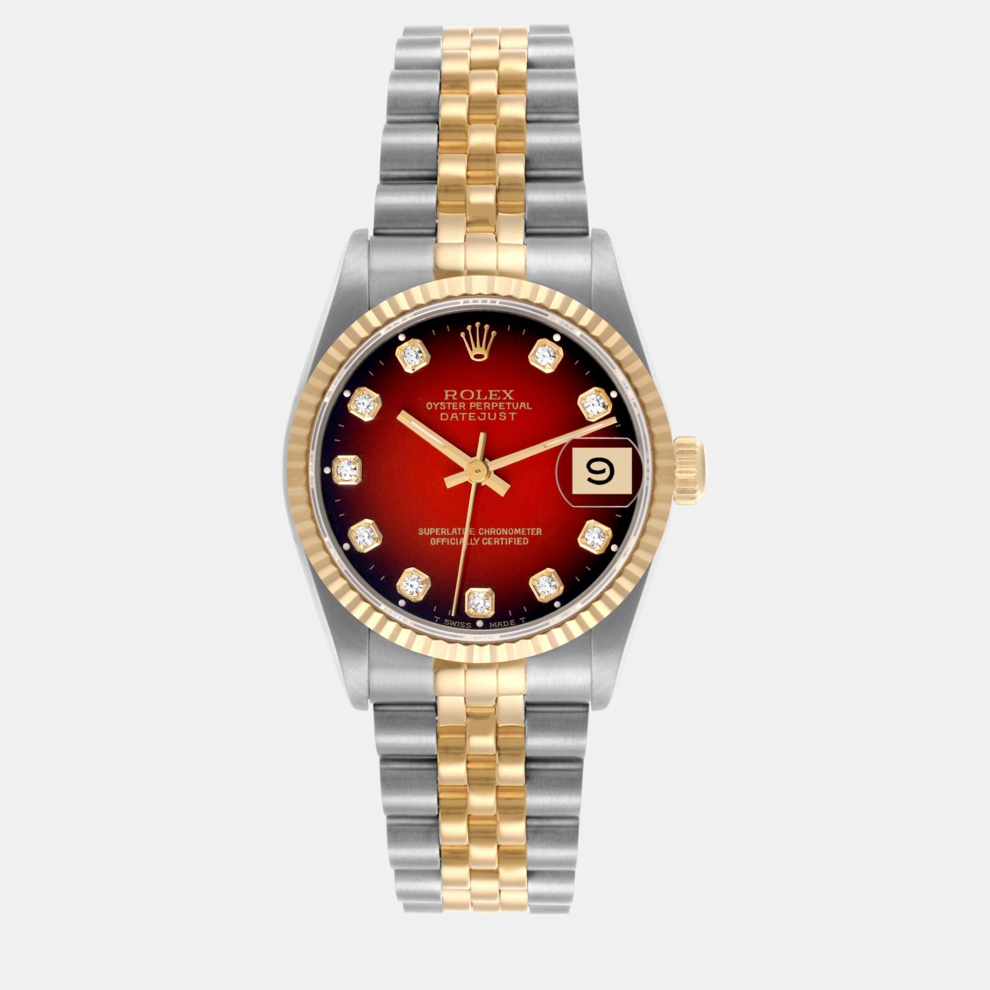 

Rolex Datejust Midsize Steel Yellow Gold Red Vignette Diamond Ladies Watch 68273