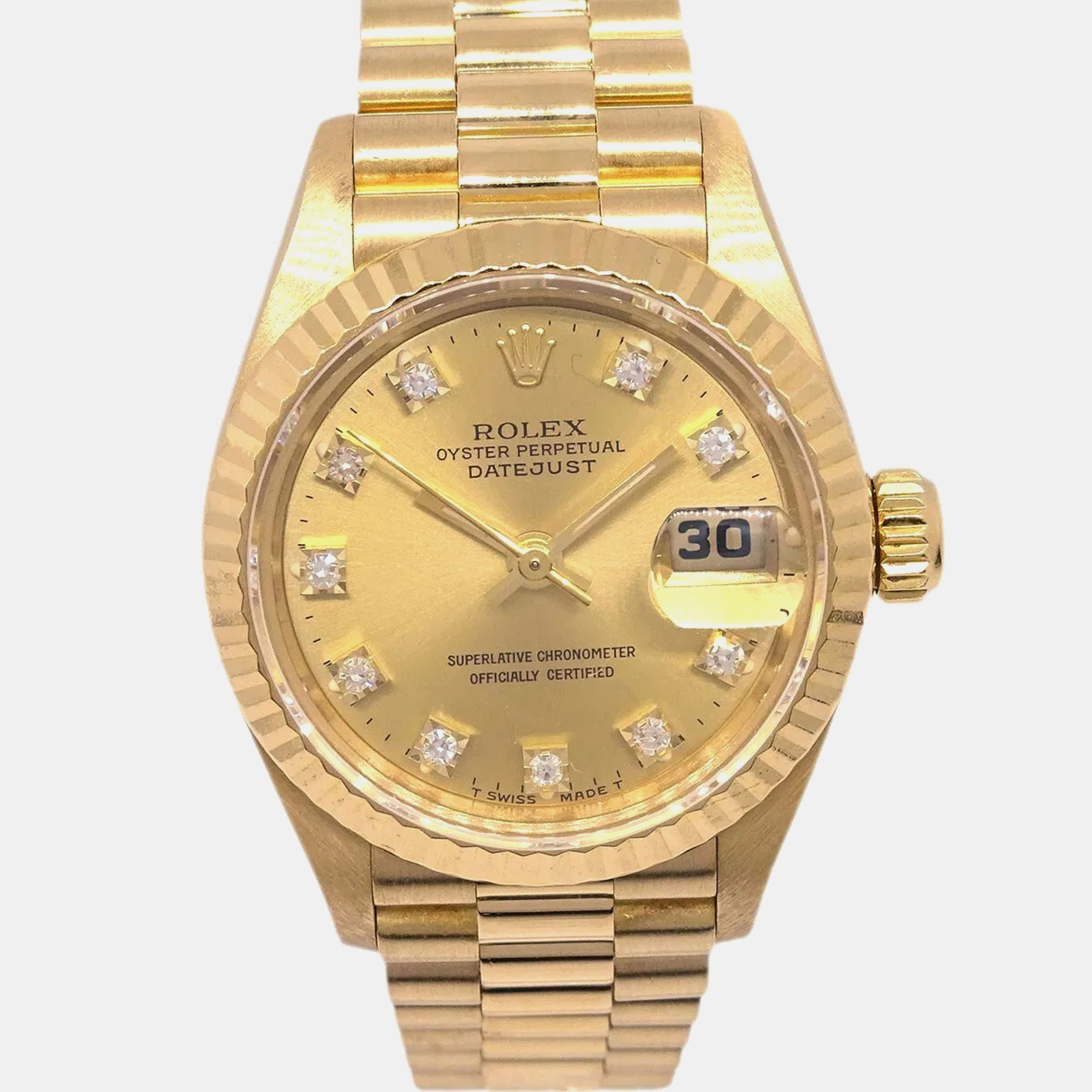 

Rolex Champagne 18k Yellow Gold Diamond Datejust Automatic Women's Wristwatch 26 mm