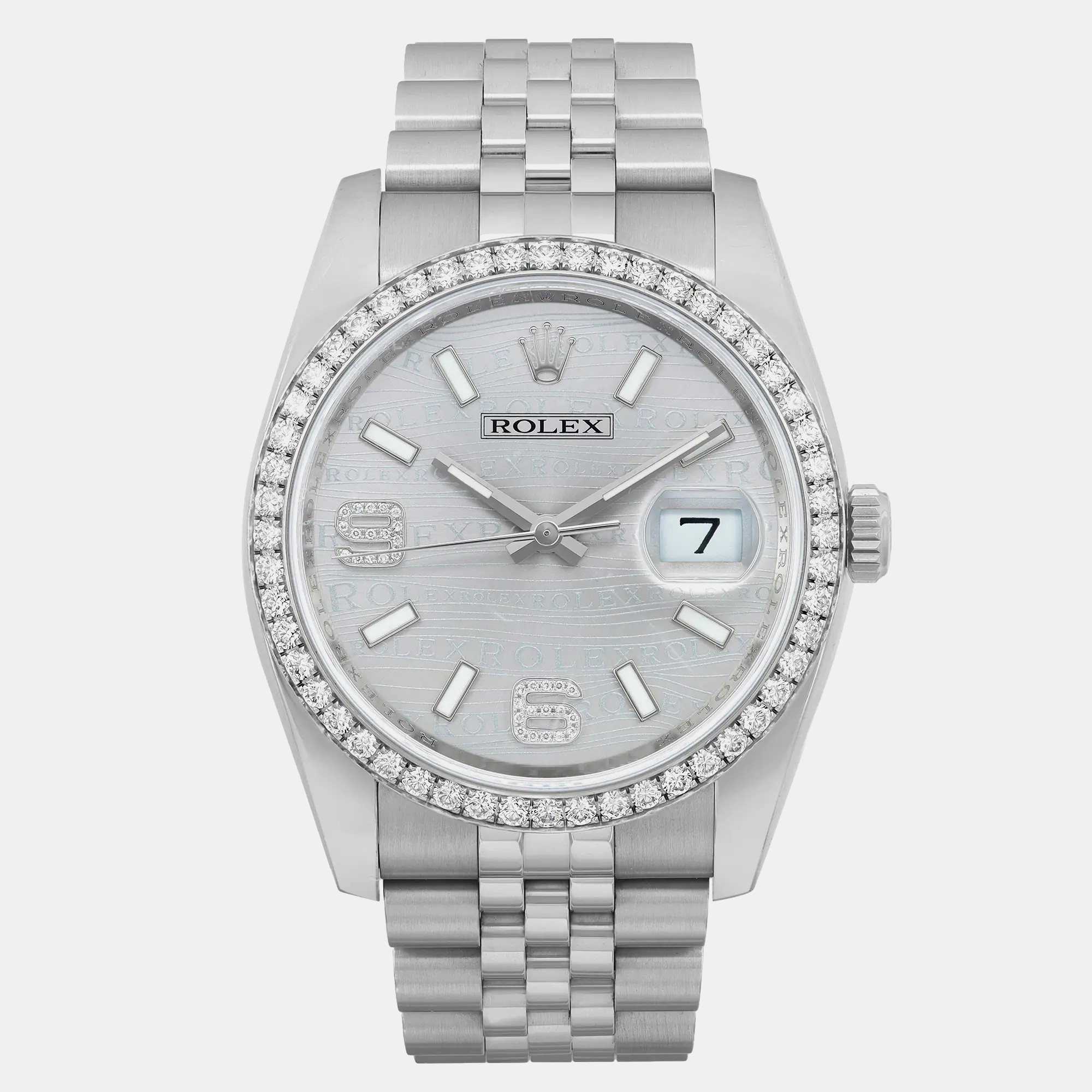 

Rolex Datejust 36 Steel Silver Rhodium Waves Diamond Dial Women's Wristwatch