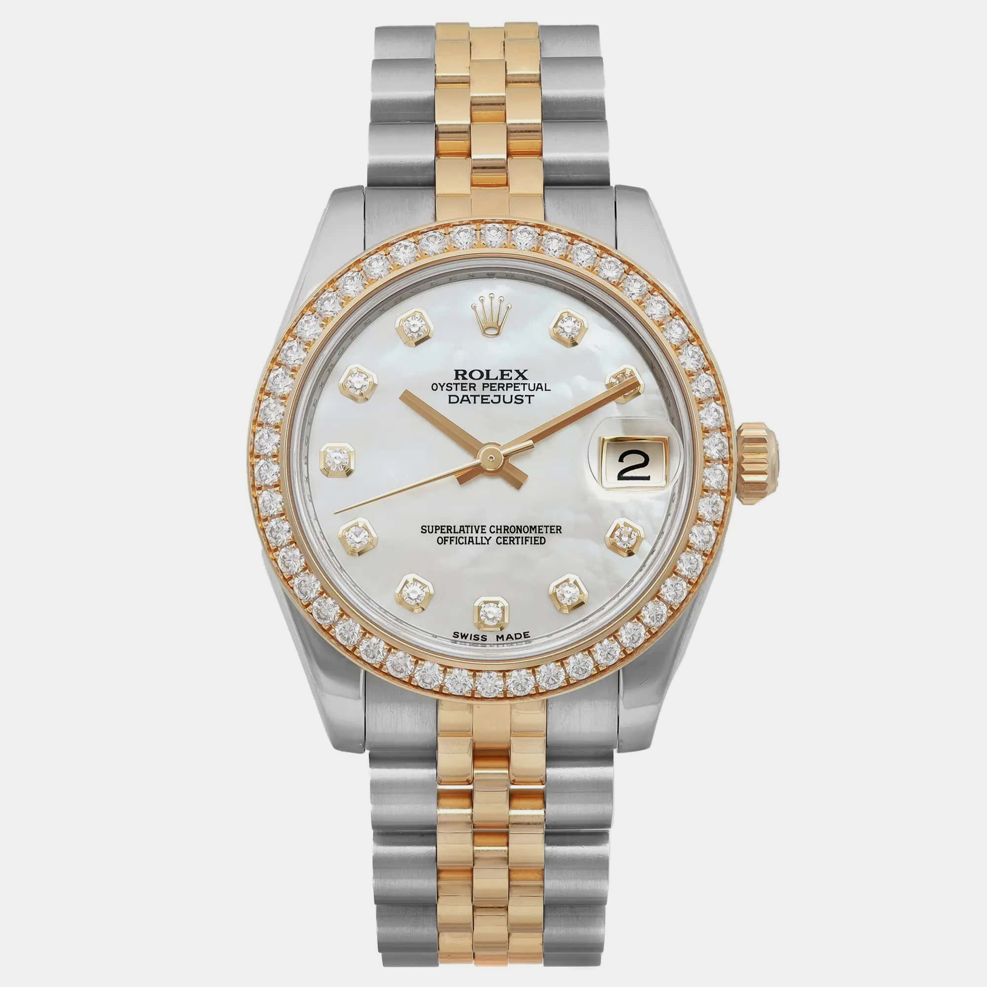 

Rolex MOP 18K Yellow Gold Stainless Steel Diamond Datejust 178383 Automatic Women's Wristwatch 31 mm, Silver