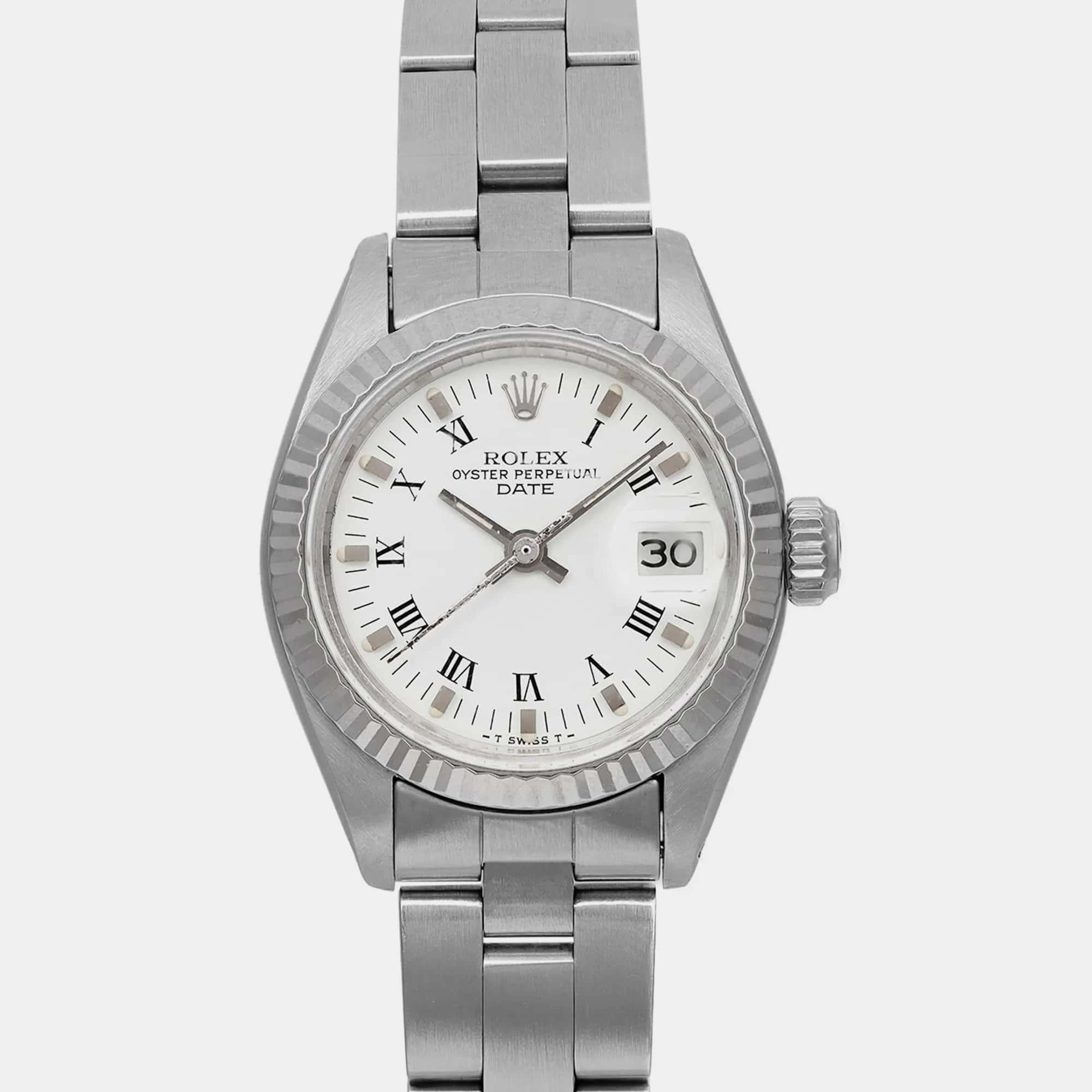 Vintage Rolex Date 26Mm White Gold Steel White Dial Women`s Automatic Wristwatch 