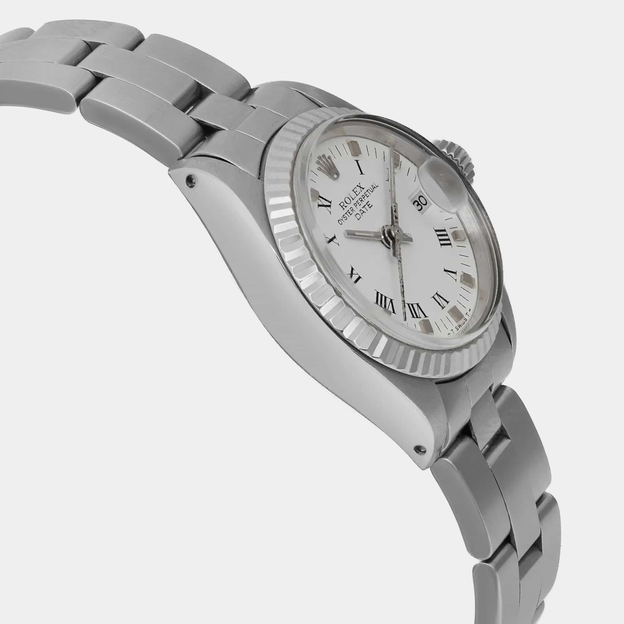 Vintage Rolex Date 26Mm White Gold Steel White Dial Women`s Automatic Wristwatch 