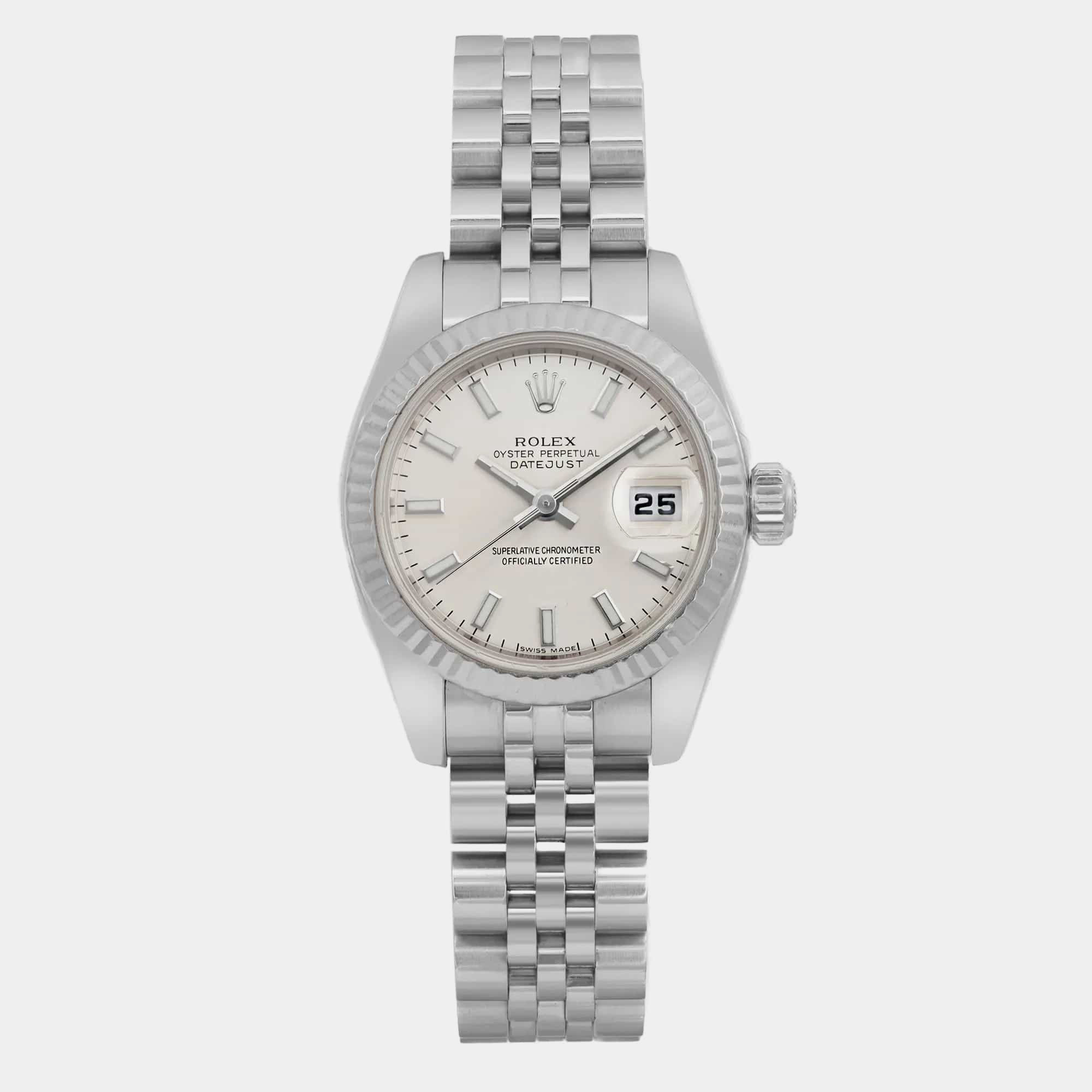 

Rolex Silver 18K White Gold Stainless Steel Datejust 179174 Automatic Women's Wristwatch 26 mm