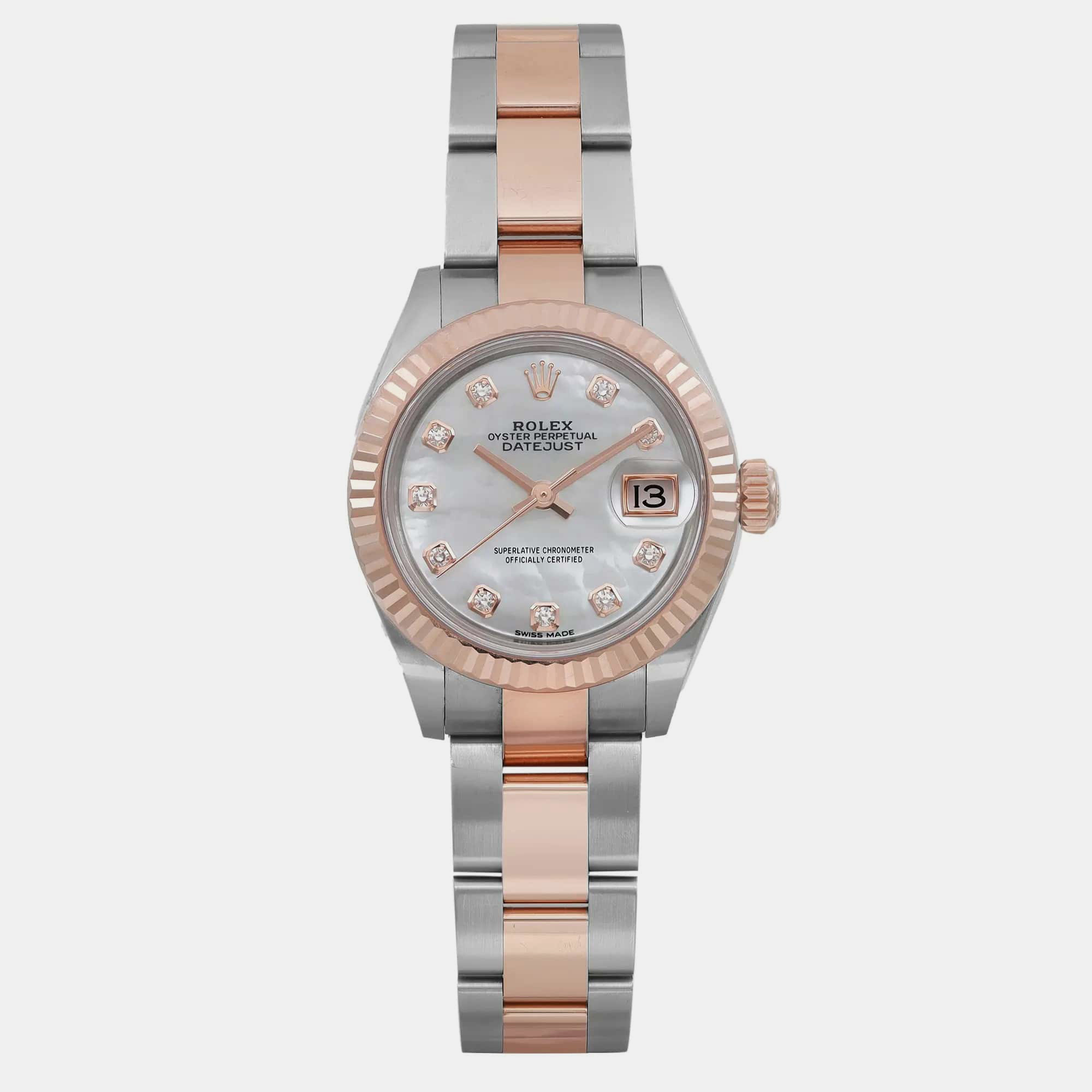 

Rolex MOP Diamond 18K Rose Gold Stainless Steel Datejust Automatic Women's Wristwatch 28 mm, Silver