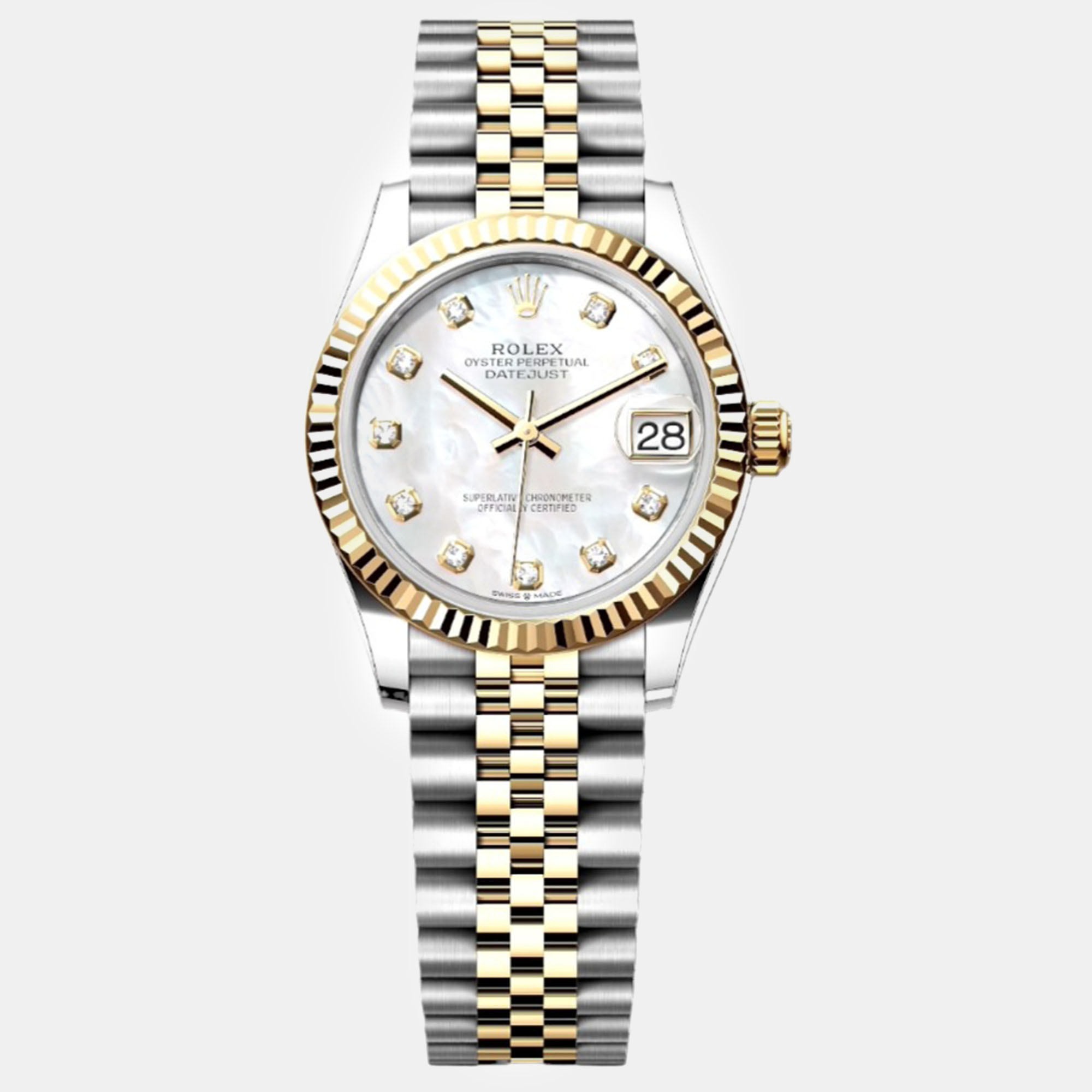 

Rolex Mother of Pearl 18K Yellow Gold Stainless Steel Datejust Automatic Women's Wristwatch 31 mm, White