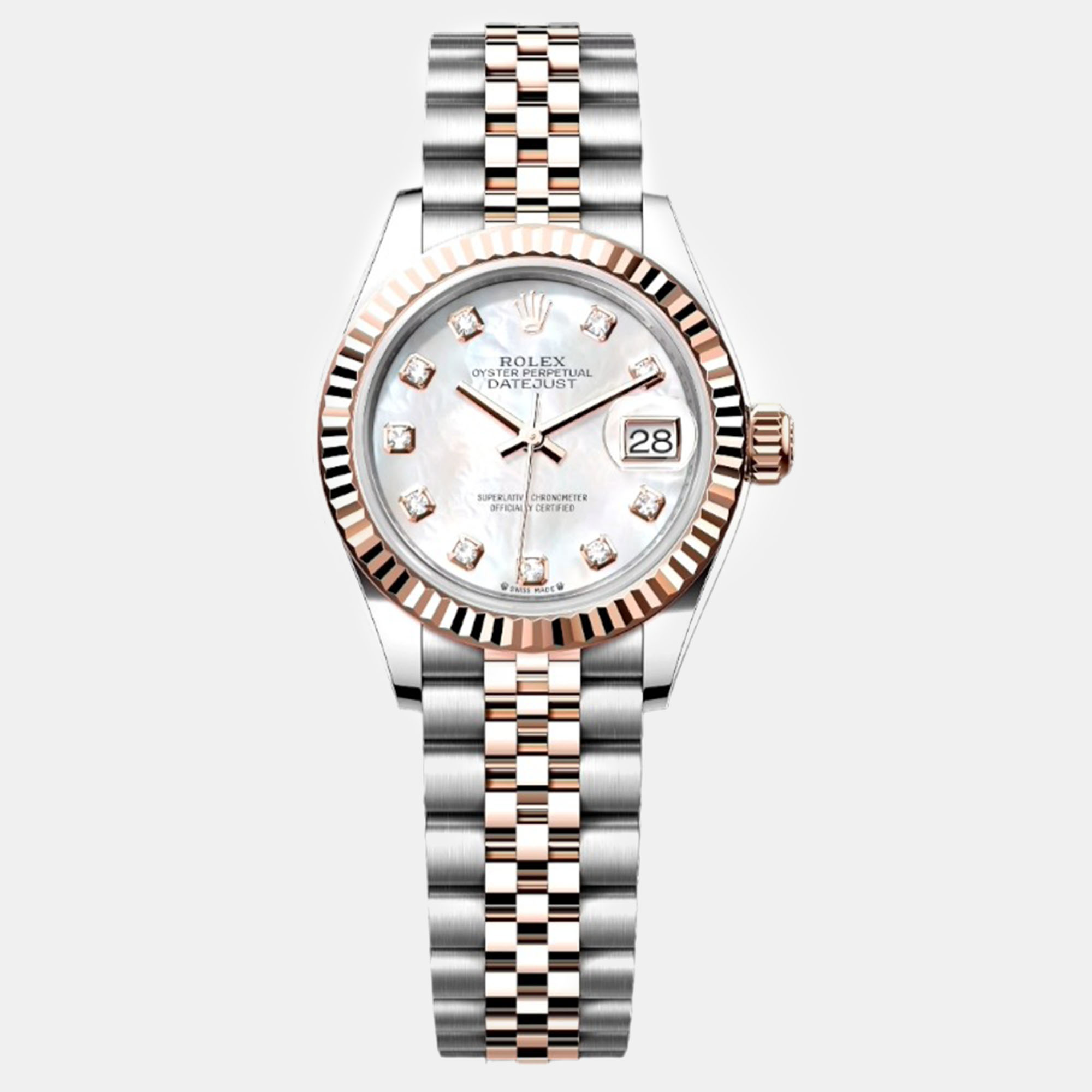 

Rolex Mother of Pearl 18K Everose Gold Stainless Steel Lady Datejust Automatic Women's Wristwatch 28 mm, White