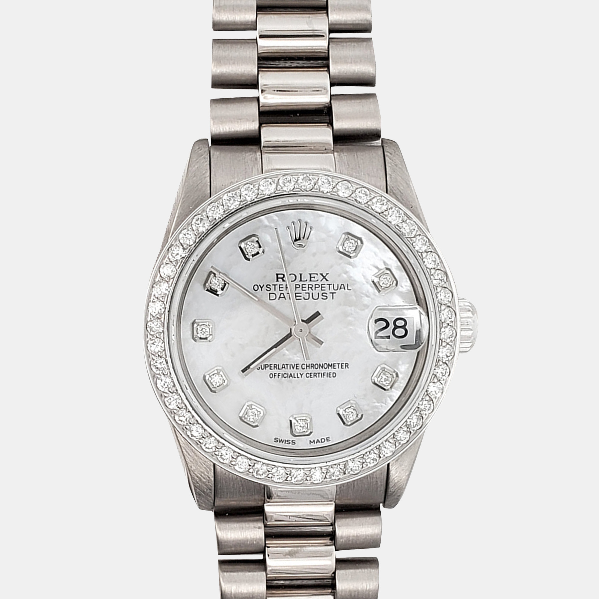 

Rolex white gold diamond bezel white pearl diamond dial president datejust 68279 Wristwatch, Silver