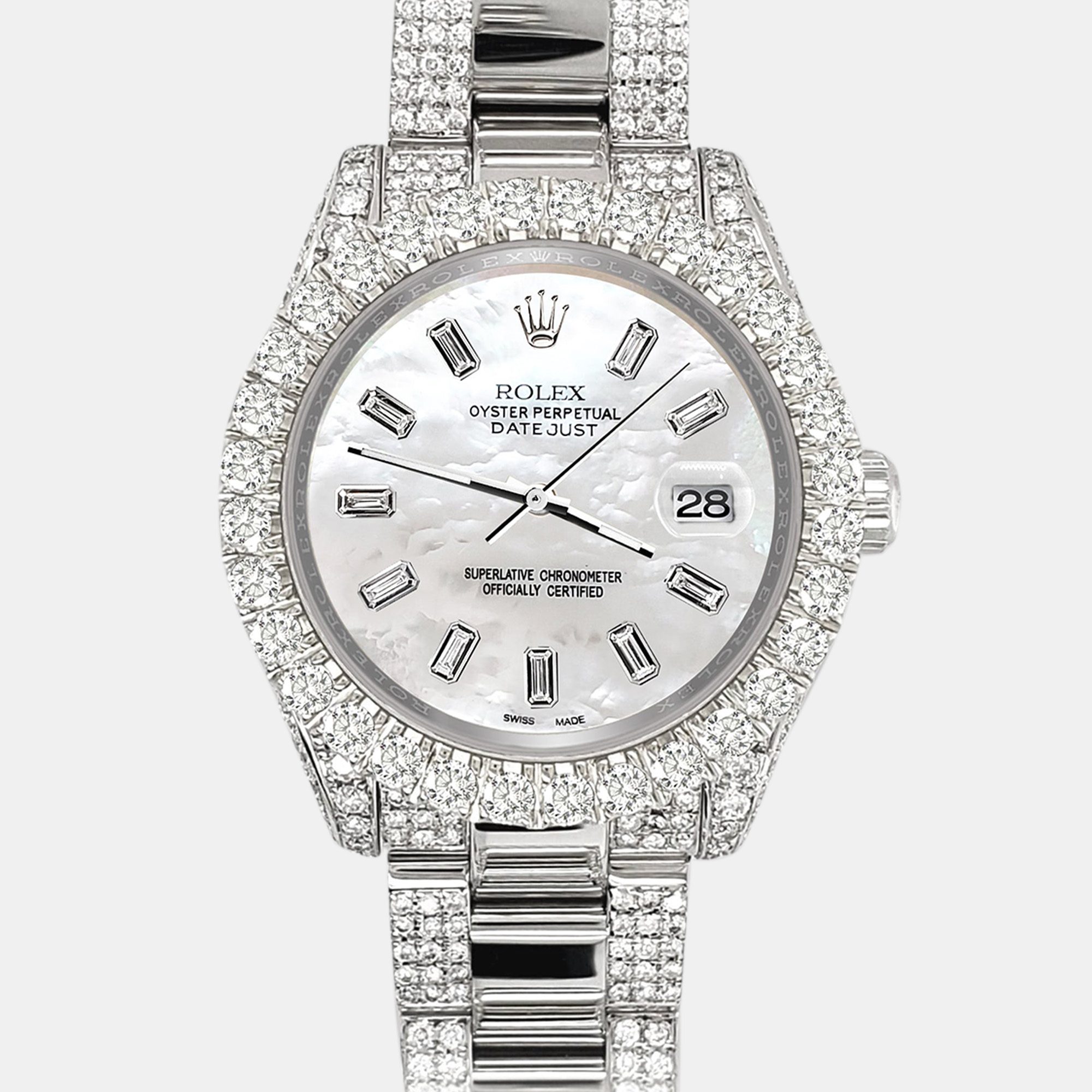 

Rolex pave 7.2ct iced diamond white mop baguette dial datejust 178240 Wristwatch, Silver