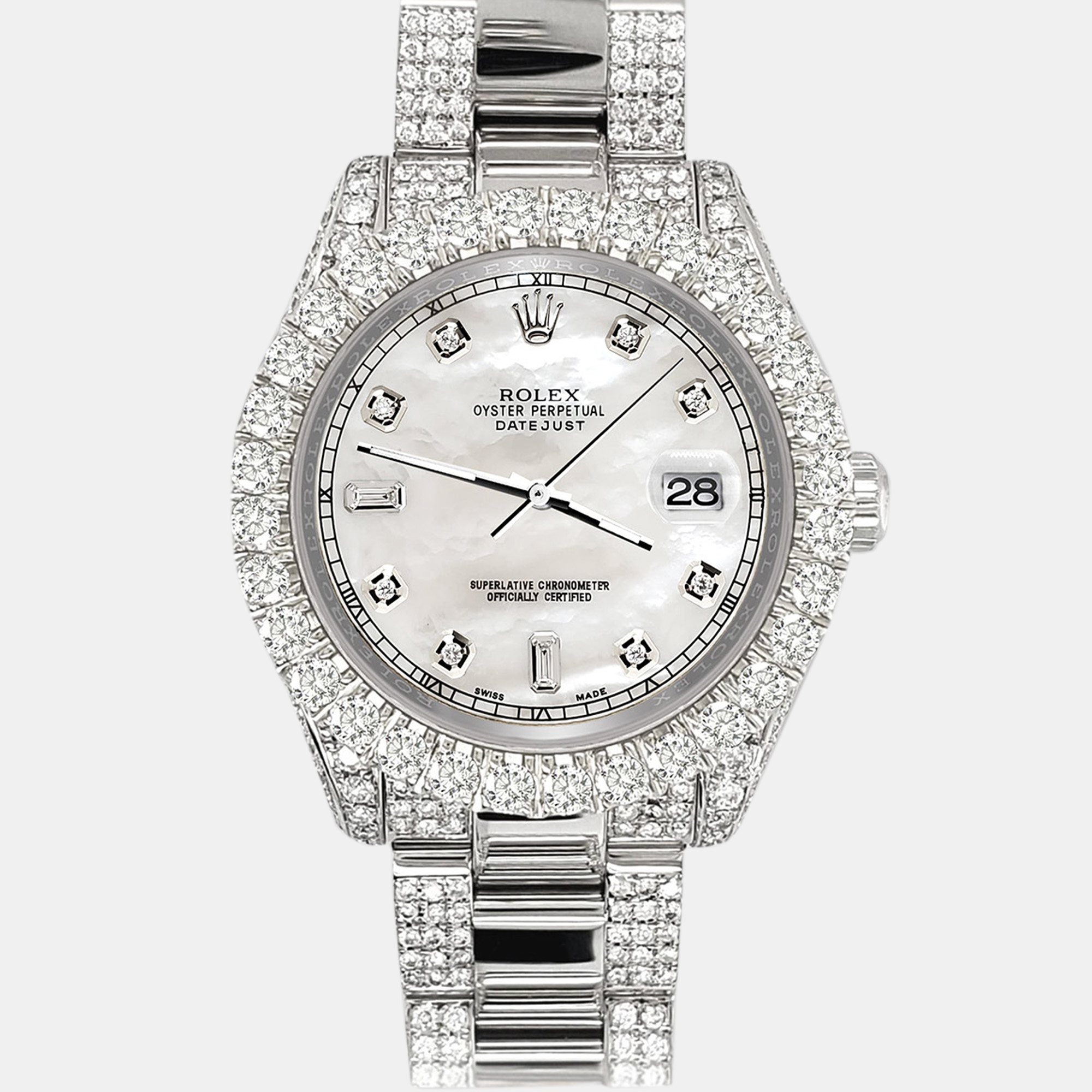 

Rolex pave 7.2ct iced diamond white mop baguette dial datejust 178240 Wristwatch, Silver