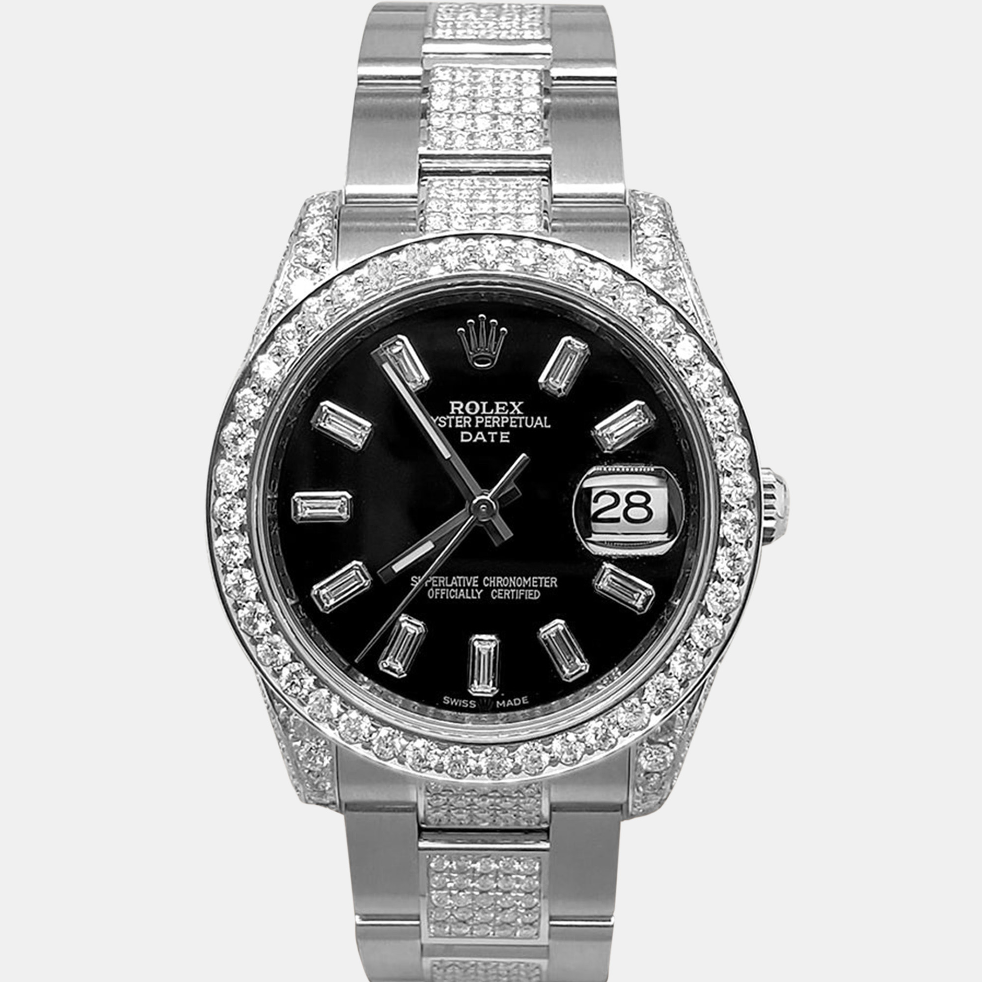 

Rolex date  7.4ct diamond bezel case bracelet black diamond baguette dial steel Wristwatch