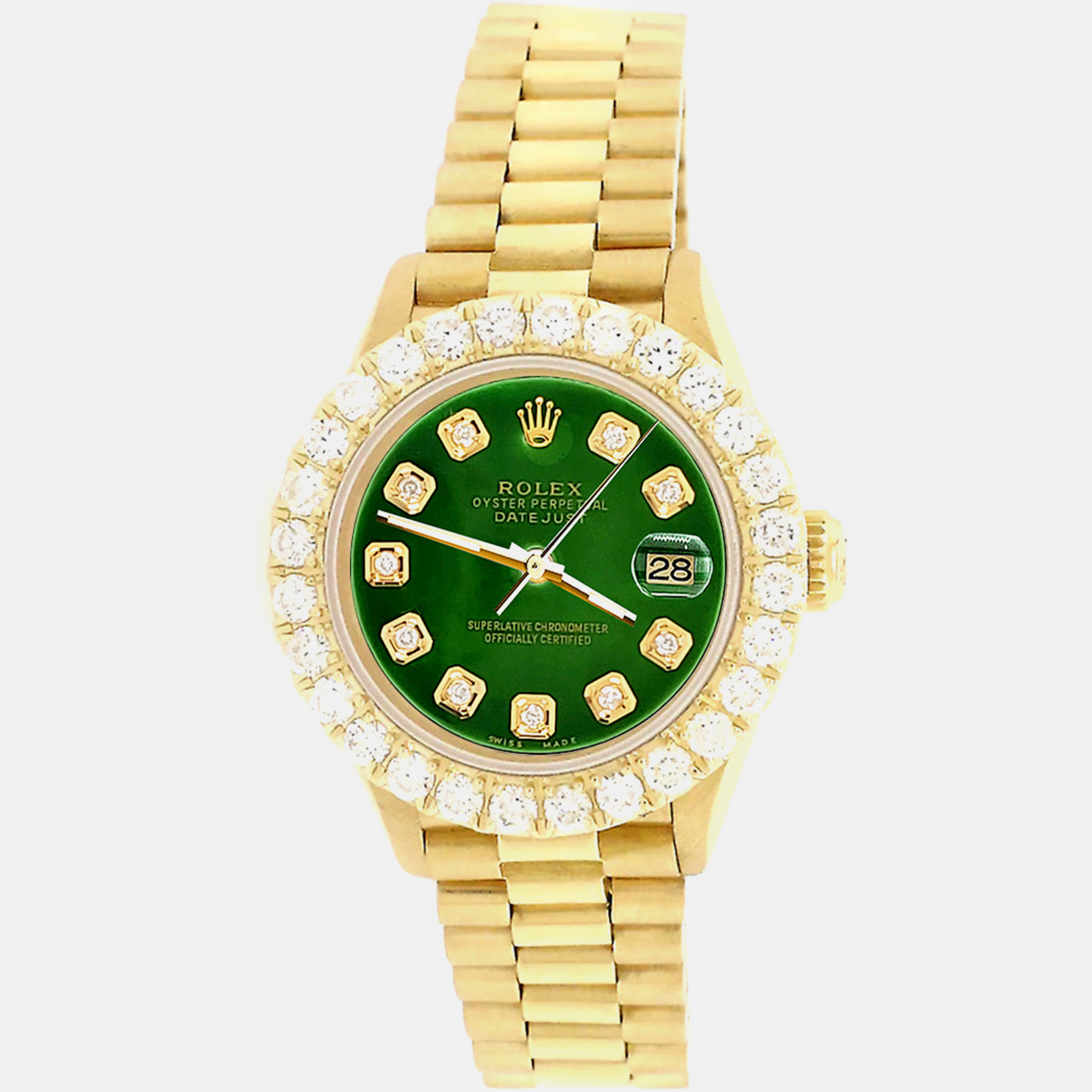 

Rolex 2ct diamond bezel olive green diamond dial president datejust  yellow gold Wristwatch