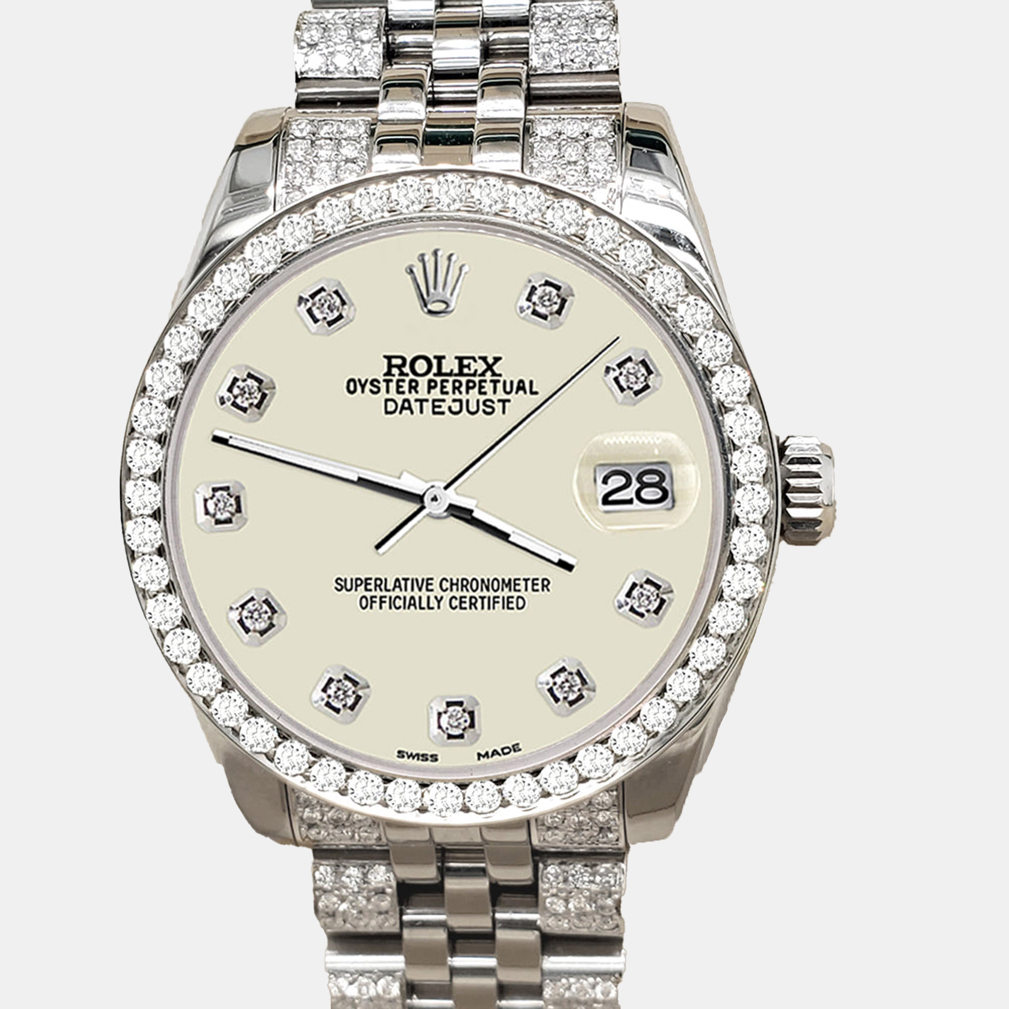 

Rolex datejust midsize  3.30ct diamond bezel bracelet satin linen diamond dial steel Wristwatch 178240, Cream