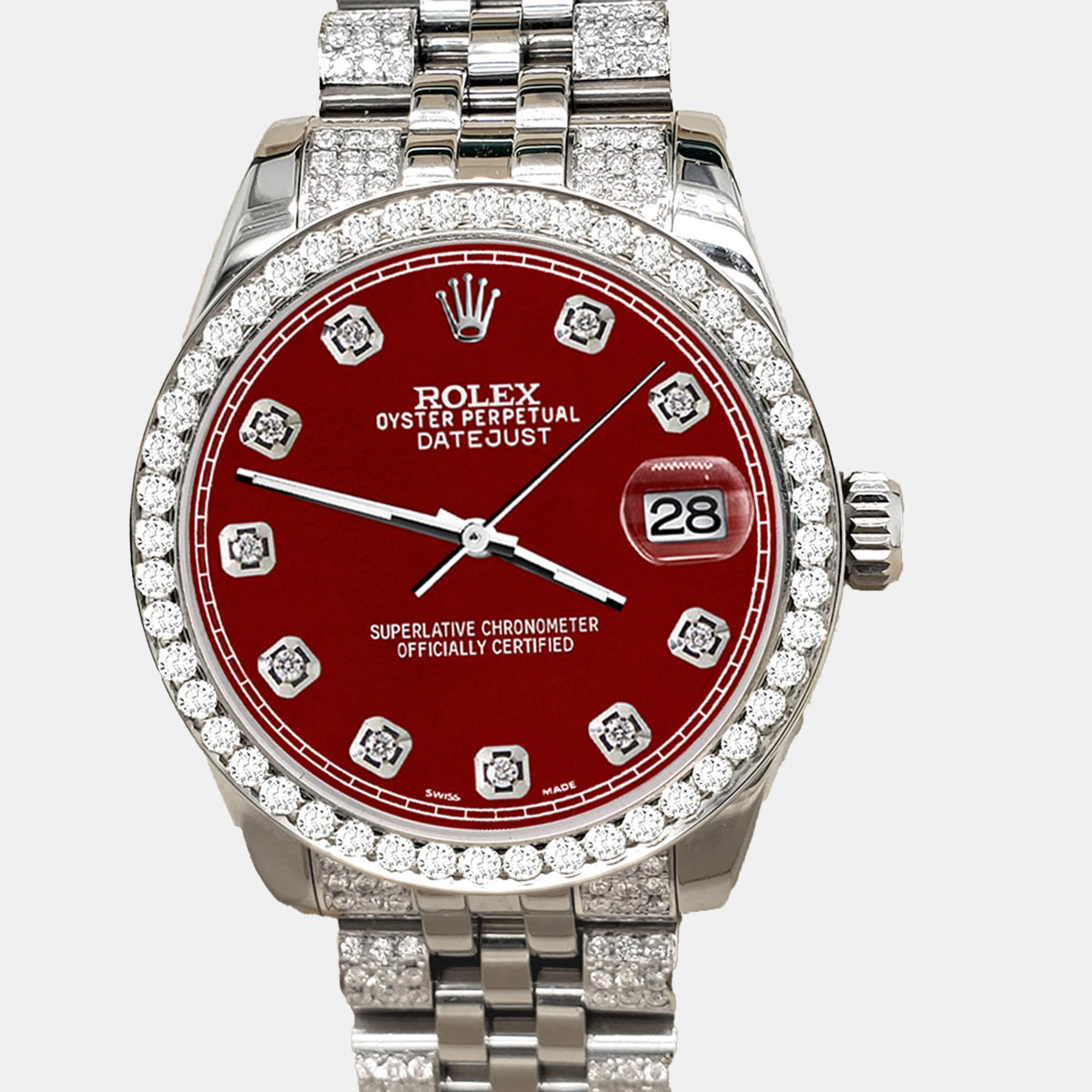 Pre-owned Rolex Datejust Midsize 31mm 3.30ct Diamond Bezel Bracelet Imperial Red Diamond Dial Steel Wristwatch 17824