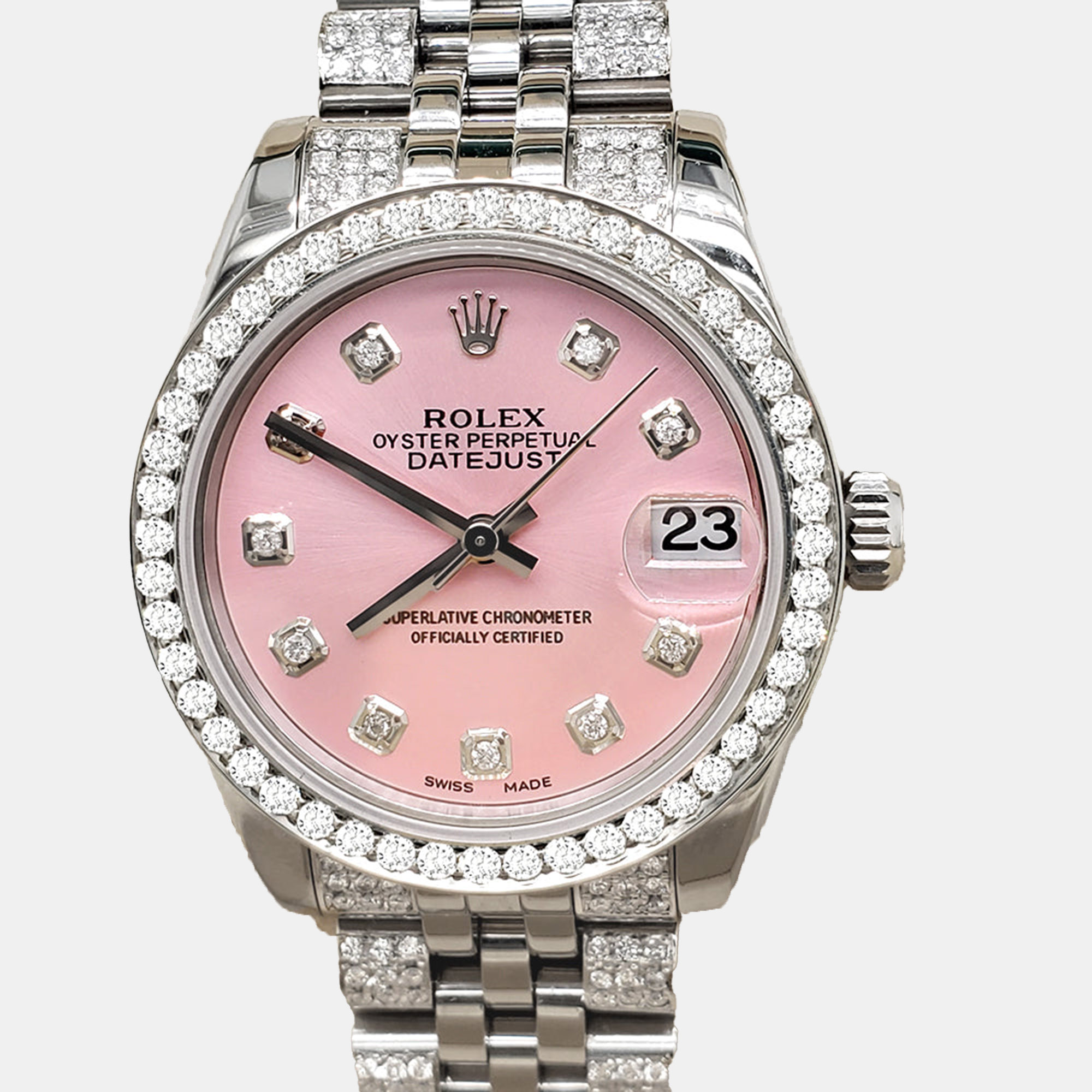 

Rolex datejust midsize  3.30ct diamond bezel bracelet baby pink diamond dial steel Wristwatch 178240