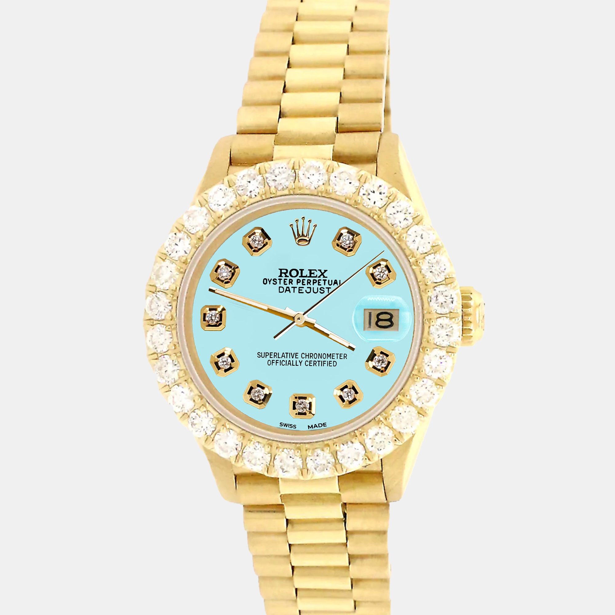 

Rolex president datejust  yellow gold Wristwatch with 2ct diamond bezel ice blue diamond dial